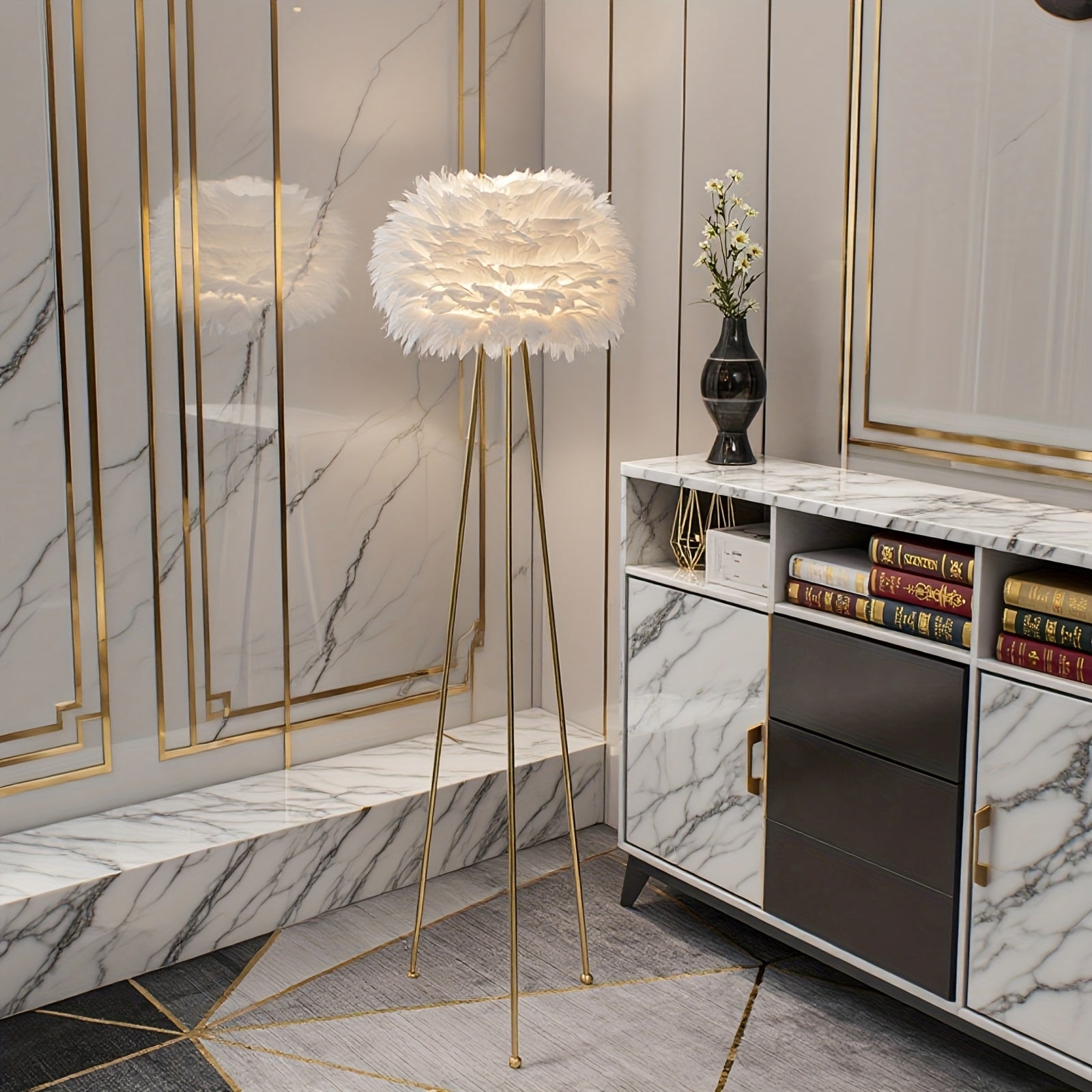 Feather Floor Lamp 60 Inches White Feather Floor Lamp | Pink Feather Lampshade, Classic Golden Tripod for Bedroom, Dining Room, Living Room, Study, Office