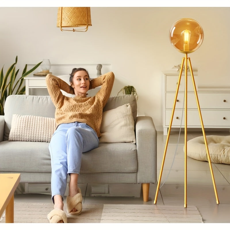 65-inch Modern Glass-shaded Tripod Floor Lamp, A Golden Standing LED Bulb Lamp for The Living Room, Featuring A Stable Tripod Base And Flexible Light Control, Suitable for Living Rooms, Bedrooms, Studies, And Offices.