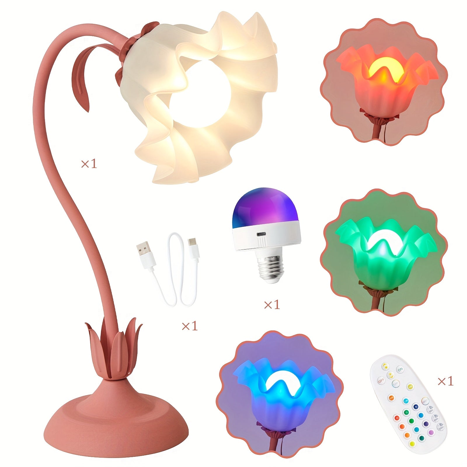 Flower Shape RGB Table Lamp Remote Control, Rechargeable, Adjustable Design For Bedroom, Living Room, Desk, Mood Lighting