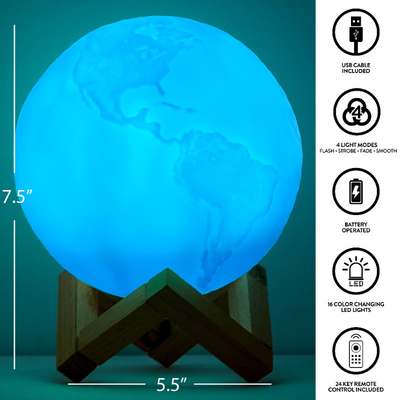 3D Color-Changing LED Earth Moon Lamp with Wood Stand - Smart Lighting with Remote Control, USB-Powered Cordless Operation, White & Black Globe with World Map Design, 7.5'' Height for Bedroom, Living Room, Home Office Decor - Ideal Gift for Housewarming,