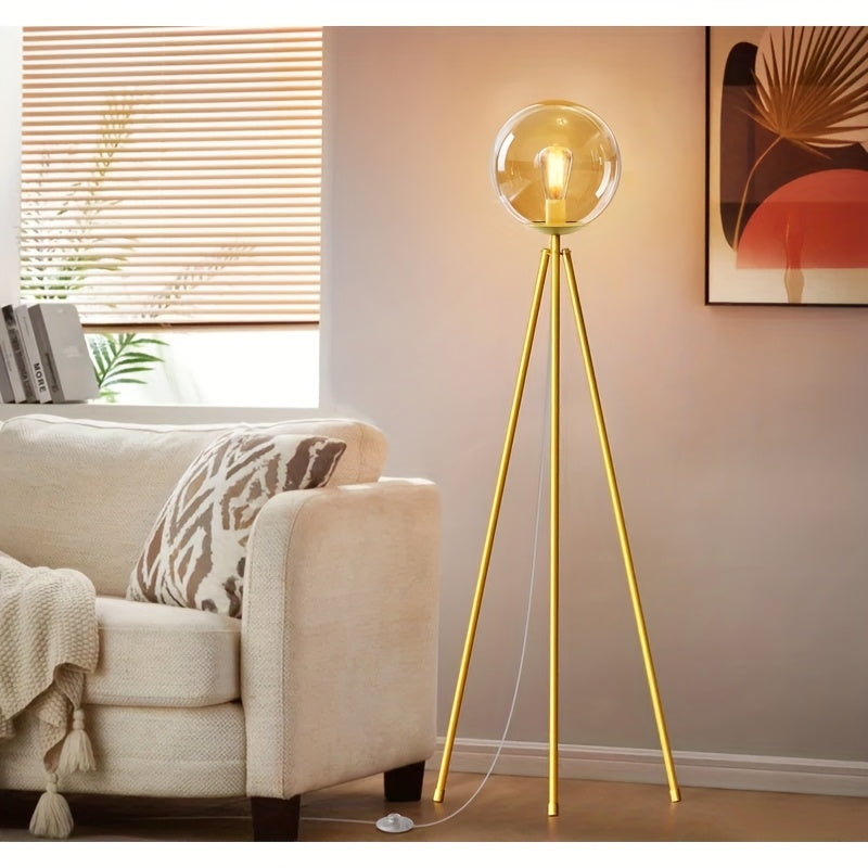 65-inch Modern Glass-shaded Tripod Floor Lamp, A Golden Standing LED Bulb Lamp for The Living Room, Featuring A Stable Tripod Base And Flexible Light Control, Suitable for Living Rooms, Bedrooms, Studies, And Offices.