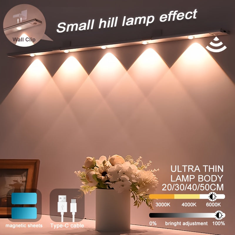 1pc Intelligent Human Body Sensing Light, Sports Sensing Light, Strip Light with Small Night Light, USB Rechargeable And Dimmable Three Color LED Light, Wireless Kitchen Wardrobe, Cabinet, Shoe Cabinet, Bedroom, Small Hill Light