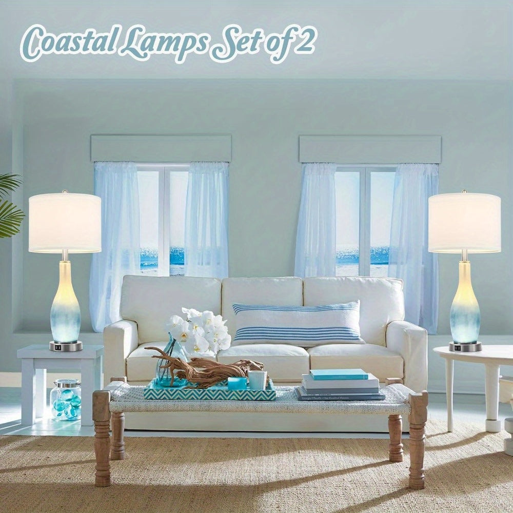 26in Tall Glass Table Lamps Set of 2 with 2 USB Charging Ports & LED Nightlight, Large Coastal Table Lamps for Living Room End Table, Modern Beach Lamps for Bedroom Bedside Nightstand, Blue