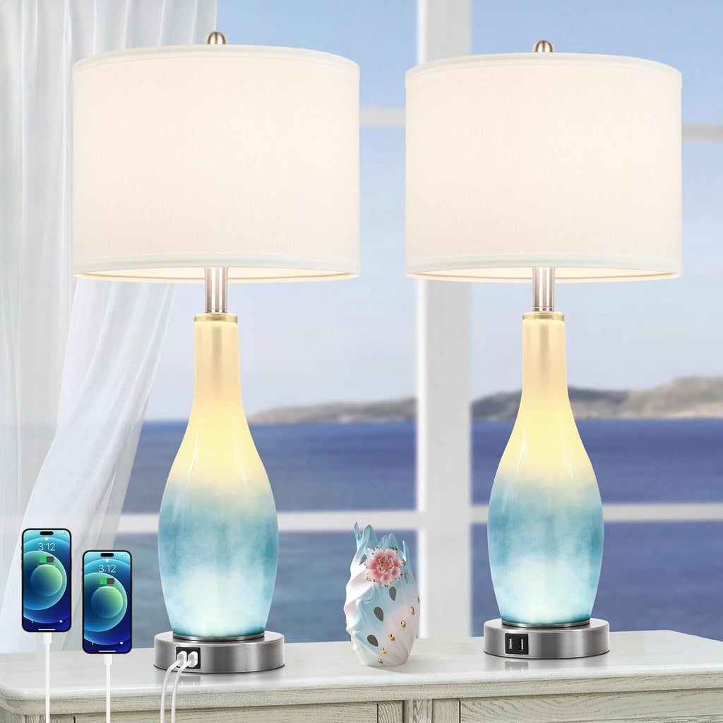 26in Tall Glass Table Lamps Set of 2 with 2 USB Charging Ports & LED Nightlight, Large Coastal Table Lamps for Living Room End Table, Modern Beach Lamps for Bedroom Bedside Nightstand, Blue