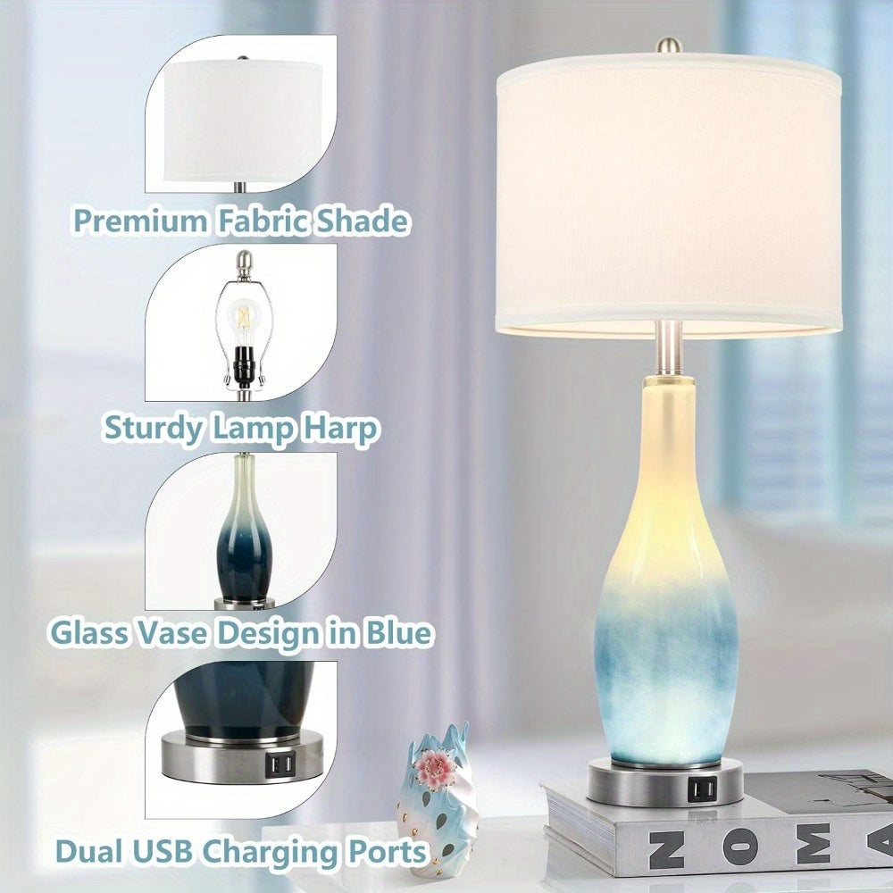 26in Tall Glass Table Lamps Set of 2 with 2 USB Charging Ports & LED Nightlight, Large Coastal Table Lamps for Living Room End Table, Modern Beach Lamps for Bedroom Bedside Nightstand, Blue
