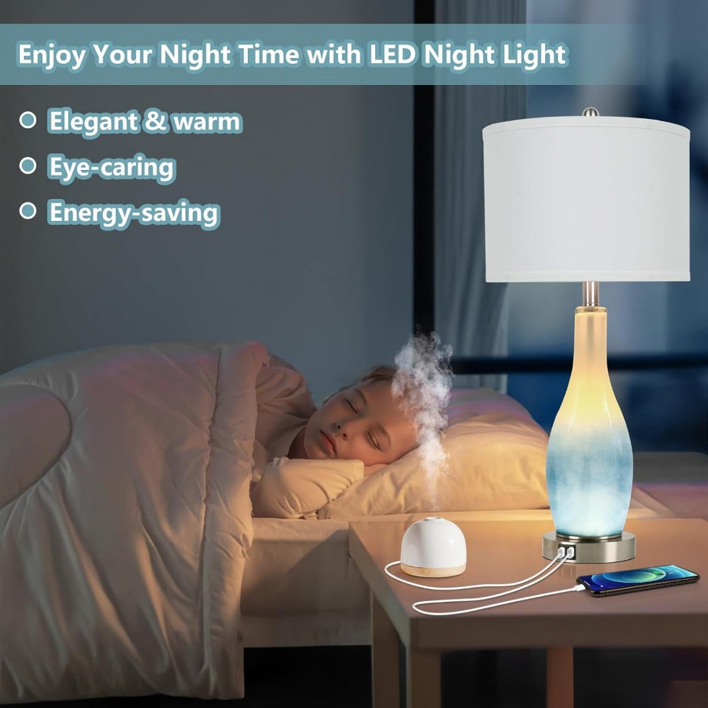 26in Tall Glass Table Lamps Set of 2 with 2 USB Charging Ports & LED Nightlight, Large Coastal Table Lamps for Living Room End Table, Modern Beach Lamps for Bedroom Bedside Nightstand, Blue