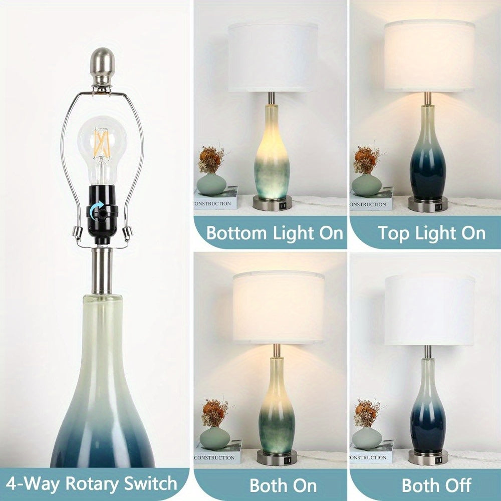 26in Tall Glass Table Lamps Set of 2 with 2 USB Charging Ports & LED Nightlight, Large Coastal Table Lamps for Living Room End Table, Modern Beach Lamps for Bedroom Bedside Nightstand, Blue