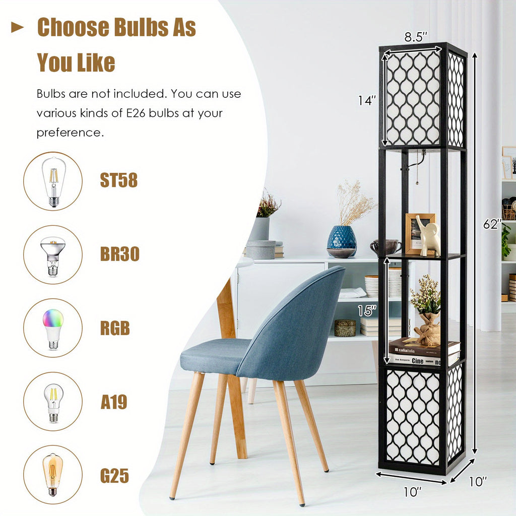 PETSITE Modern Shelf Floor Lamp, Freestanding Double Lamp W\u002F 2-Tier Wood Shelf & White Lampshade, E26 Bulb Base, Pull Chain & Foot Switch, Display Floor Light for Bedroom, Office (Bulbs Not Included)