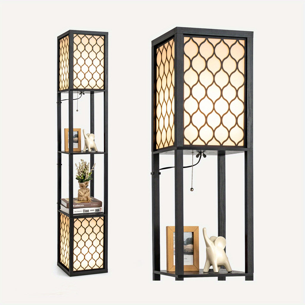 PETSITE Modern Shelf Floor Lamp, Freestanding Double Lamp W\u002F 2-Tier Wood Shelf & White Lampshade, E26 Bulb Base, Pull Chain & Foot Switch, Display Floor Light for Bedroom, Office (Bulbs Not Included)