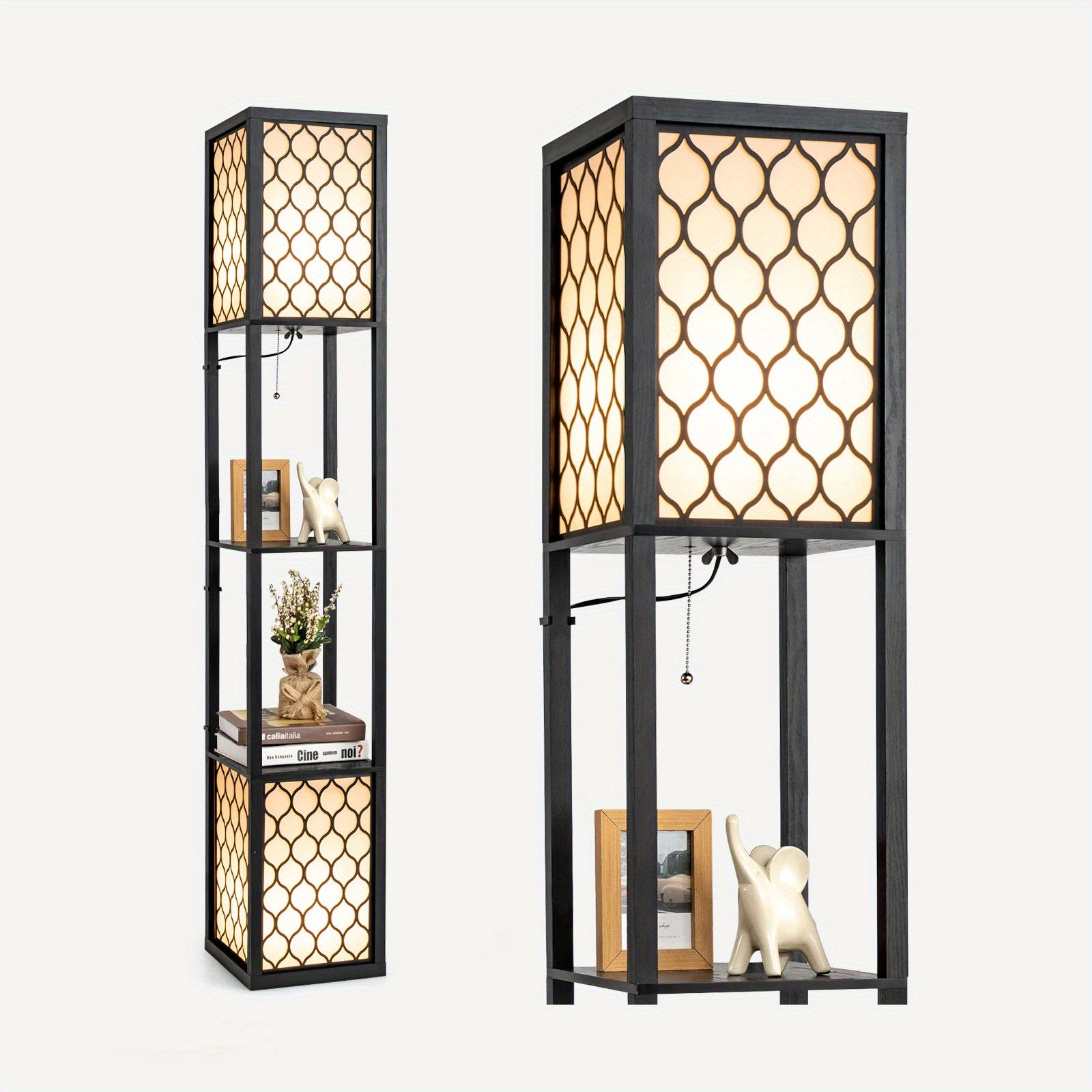 PETSITE Modern Shelf Floor Lamp, Freestanding Double Lamp W\u002F 2-Tier Wood Shelf & White Lampshade, E26 Bulb Base, Pull Chain & Foot Switch, Display Floor Light for Bedroom, Office (Bulbs Not Included)