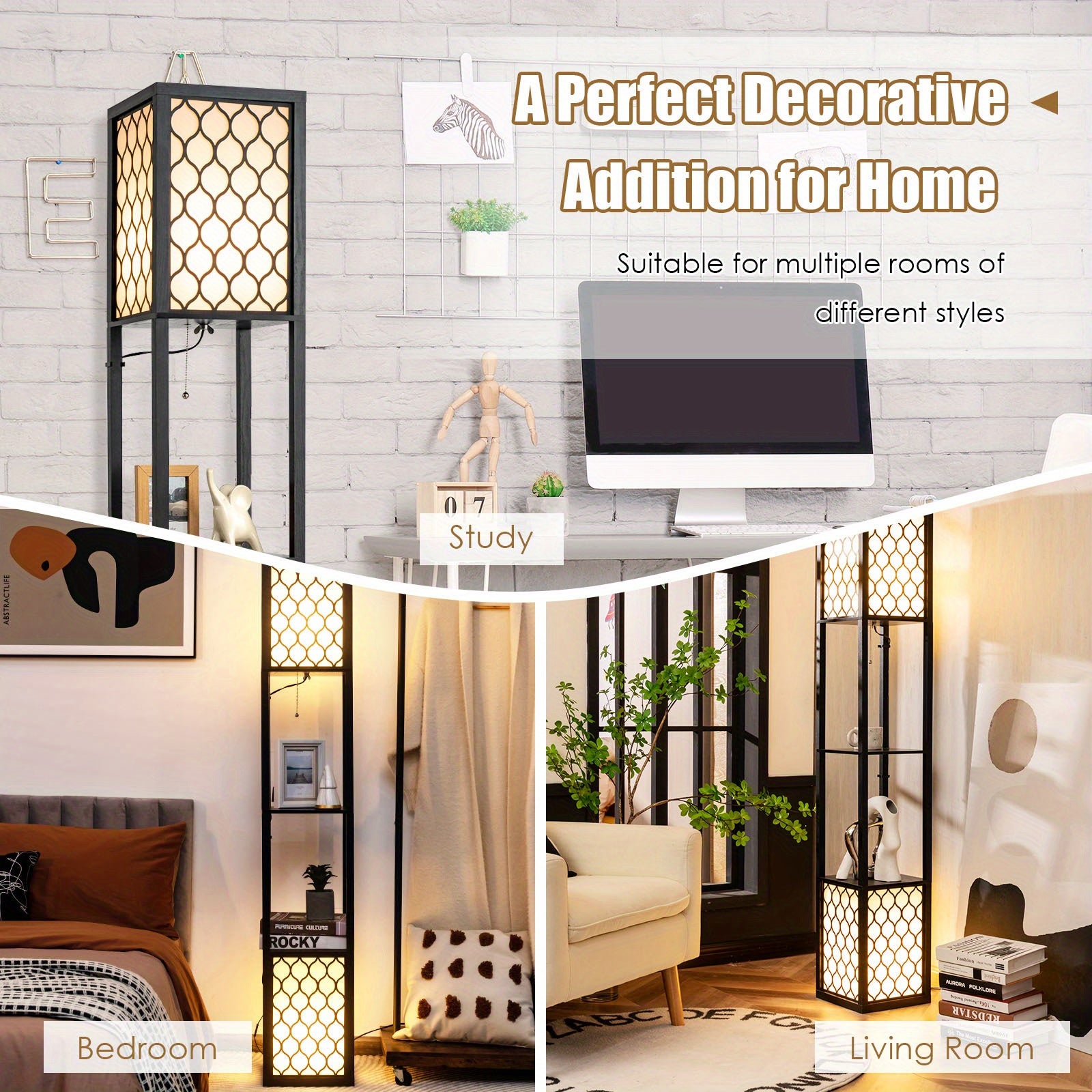 PETSITE Modern Shelf Floor Lamp, Freestanding Double Lamp W\u002F 2-Tier Wood Shelf & White Lampshade, E26 Bulb Base, Pull Chain & Foot Switch, Display Floor Light for Bedroom, Office (Bulbs Not Included)