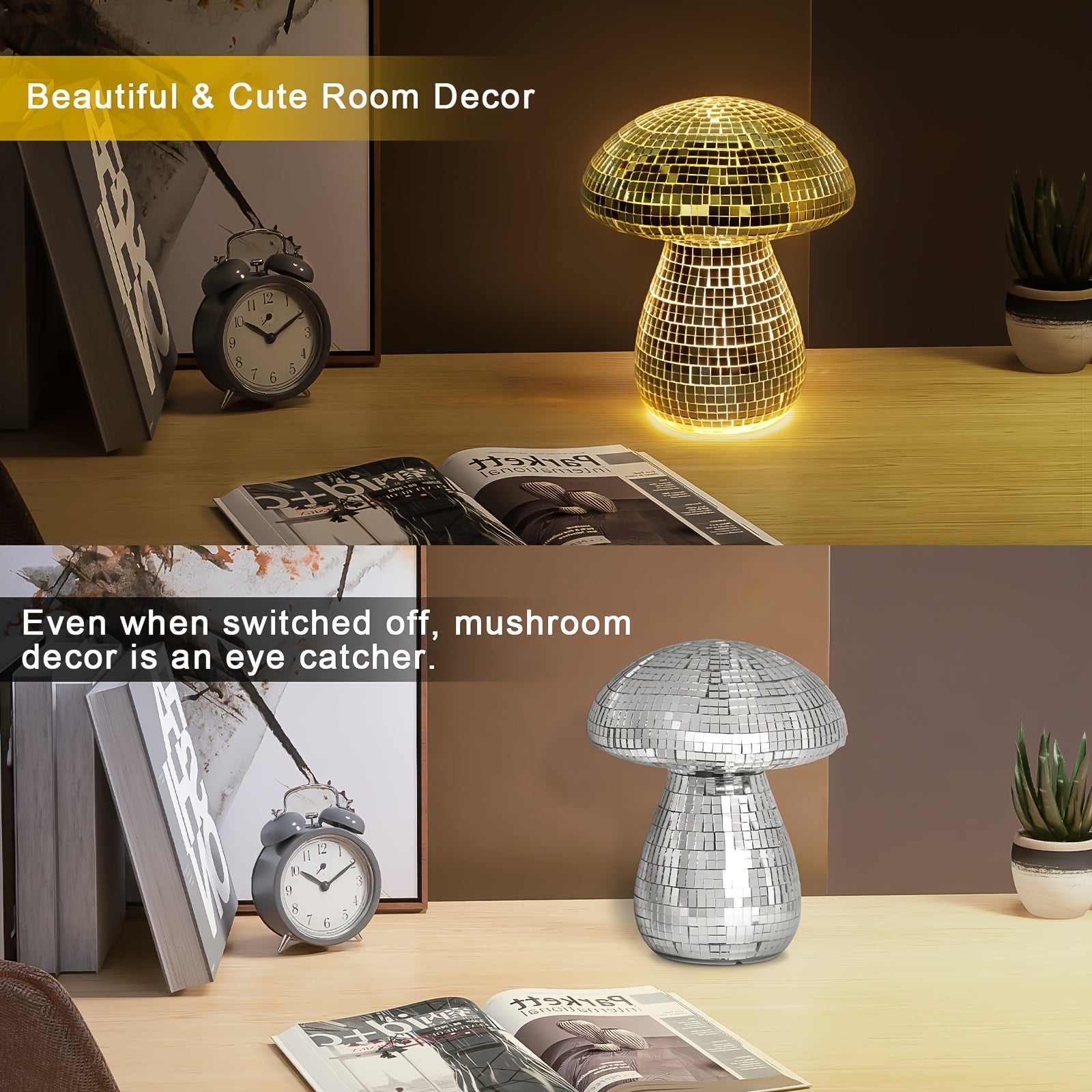 Silver Mushroom Lamp, Rechargeable Mushroom Lamp Cordless Touch Lamp, 7 Colors, 2 Modes RGB & Warm White Lighting Nightstand Lamp Mushroom Night Lights Ambient Lighting Aesthetic Room Decor