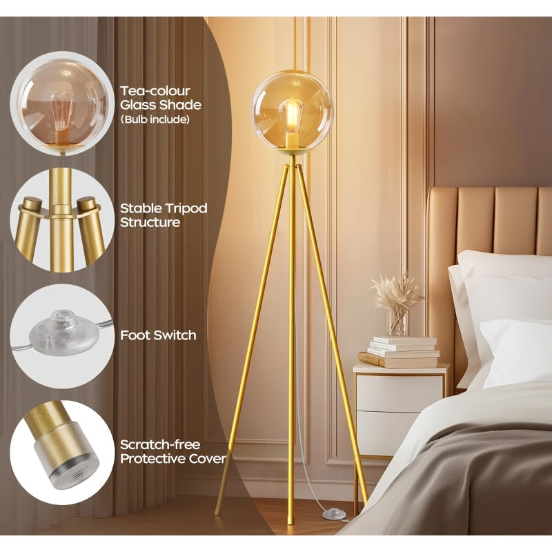 65-inch Modern Glass-shaded Tripod Floor Lamp, A Golden Standing LED Bulb Lamp for The Living Room, Featuring A Stable Tripod Base And Flexible Light Control, Suitable for Living Rooms, Bedrooms, Studies, And Offices.