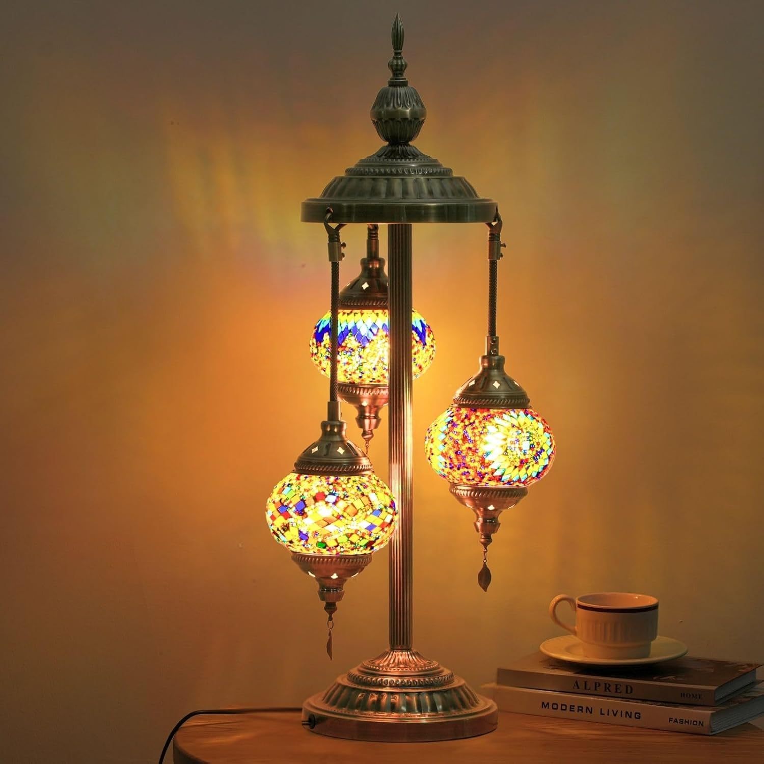 3 Ball Turkish Moroccan Table Lamp, Handmade Mosaic Glass, Bohemian Style, Metal Base, Colorful Atmosphere Light, Suitable for Living Room And Bedroom, with LED Bulb