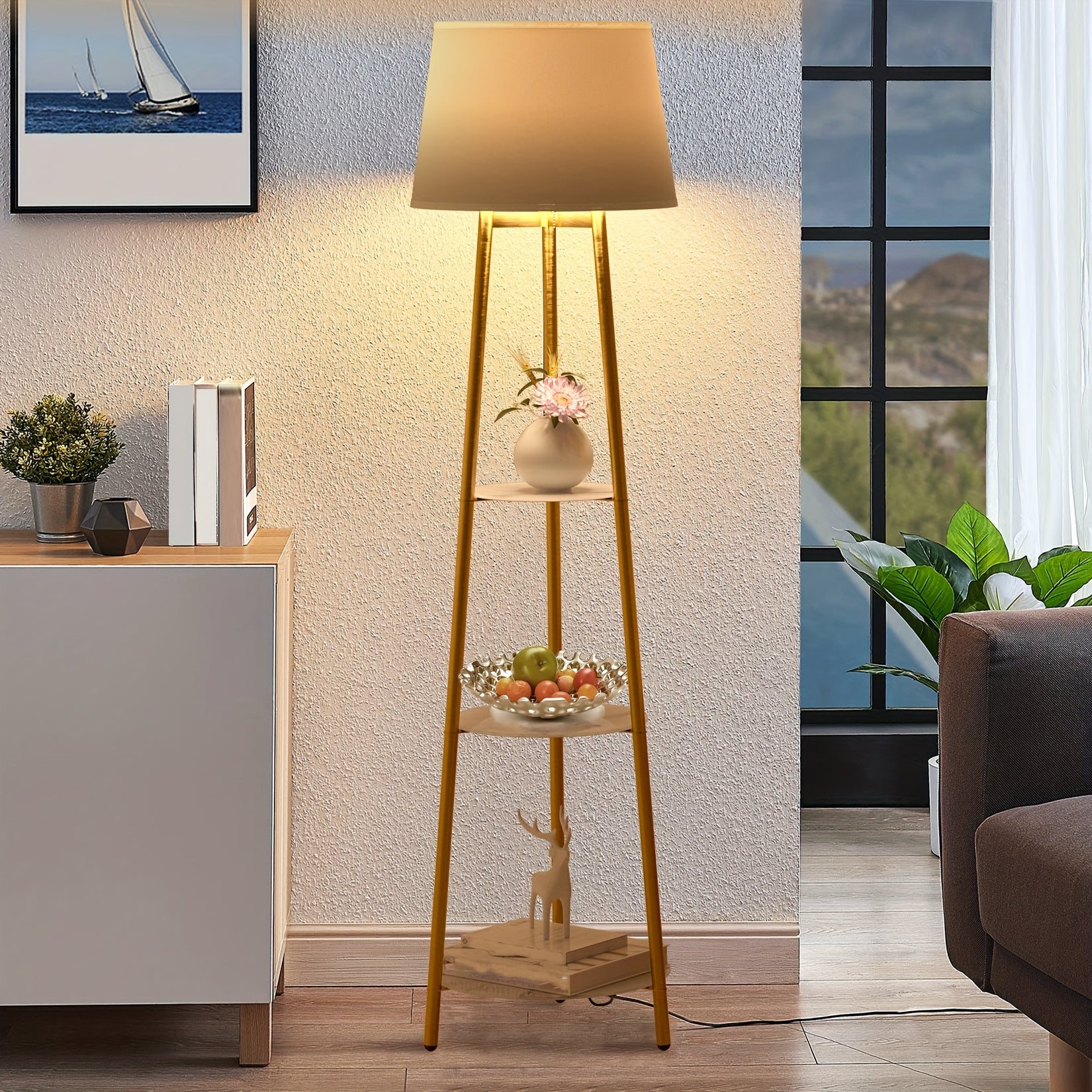 Minimalist Decor Elegant 3-Tier Tripod Floor Lamp with Shelves - Golden Metal Frame & Faux Marble Display, Warm Beige Light Shade for Living Room, Bedroom, Office Decor, Bedroom Floor Lamp | Elegant Home Accessory | Faux Marble Shelves, Living Room Lamp