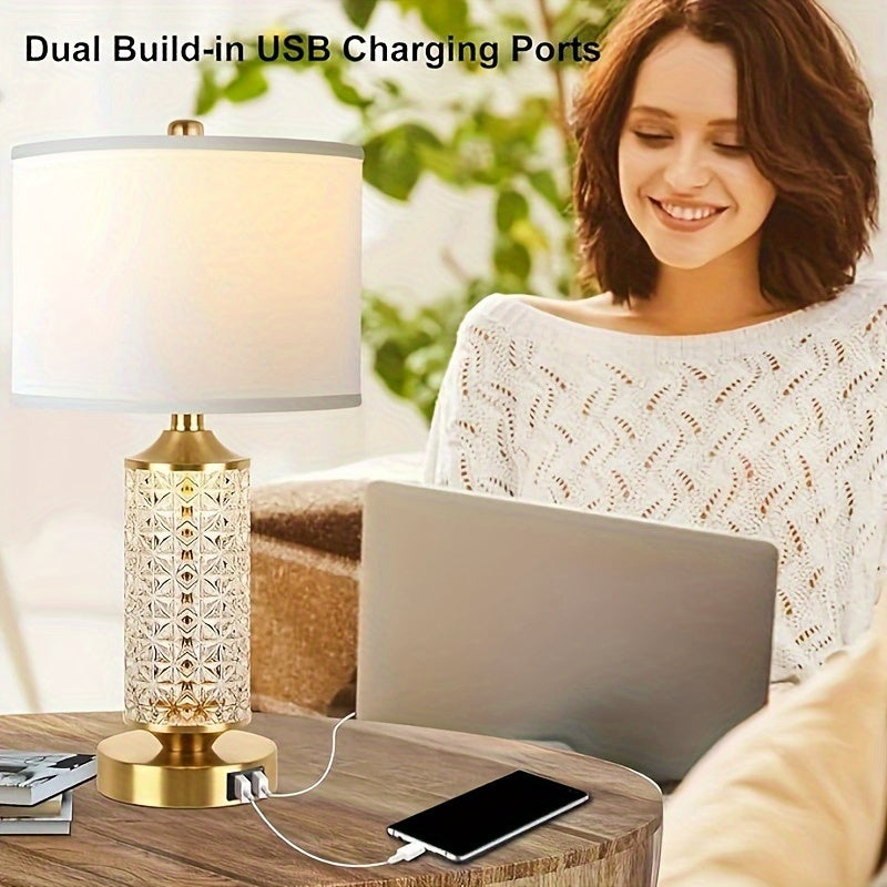 Set Of 2 Table Lamps with USB Ports, Modern Bedside Lamp with LED Night Light for Bedroom, Nightstand Lamps for Living Room Office (Gold)(2 Bulbs Include)