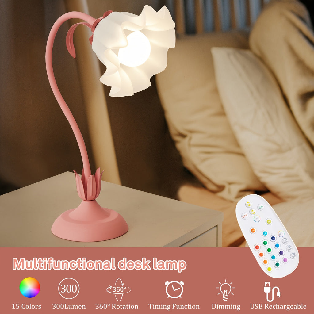 Flower Shape RGB Table Lamp Remote Control, Rechargeable, Adjustable Design For Bedroom, Living Room, Desk, Mood Lighting