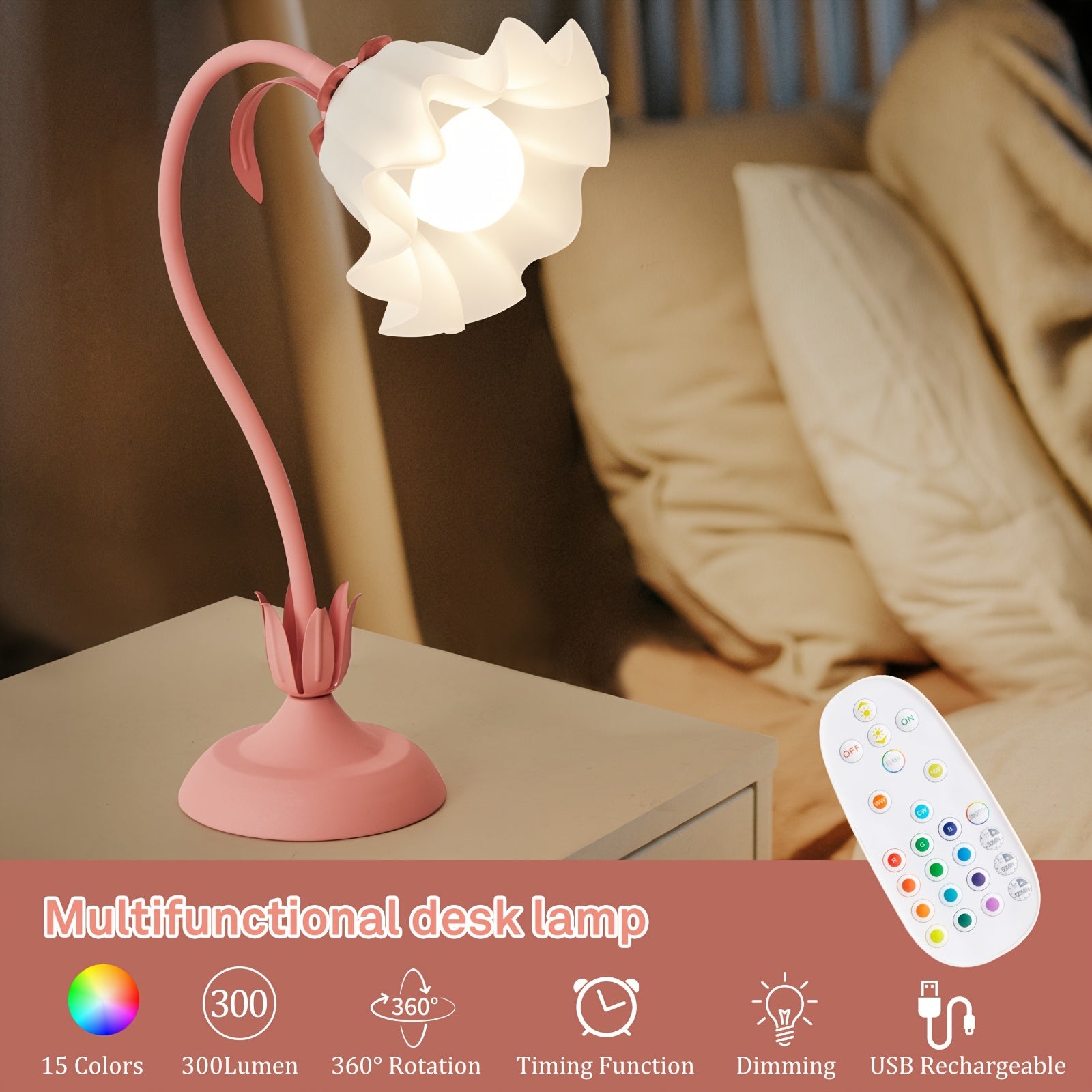 Flower Shape RGB Table Lamp Remote Control, Rechargeable, Adjustable Design For Bedroom, Living Room, Desk, Mood Lighting