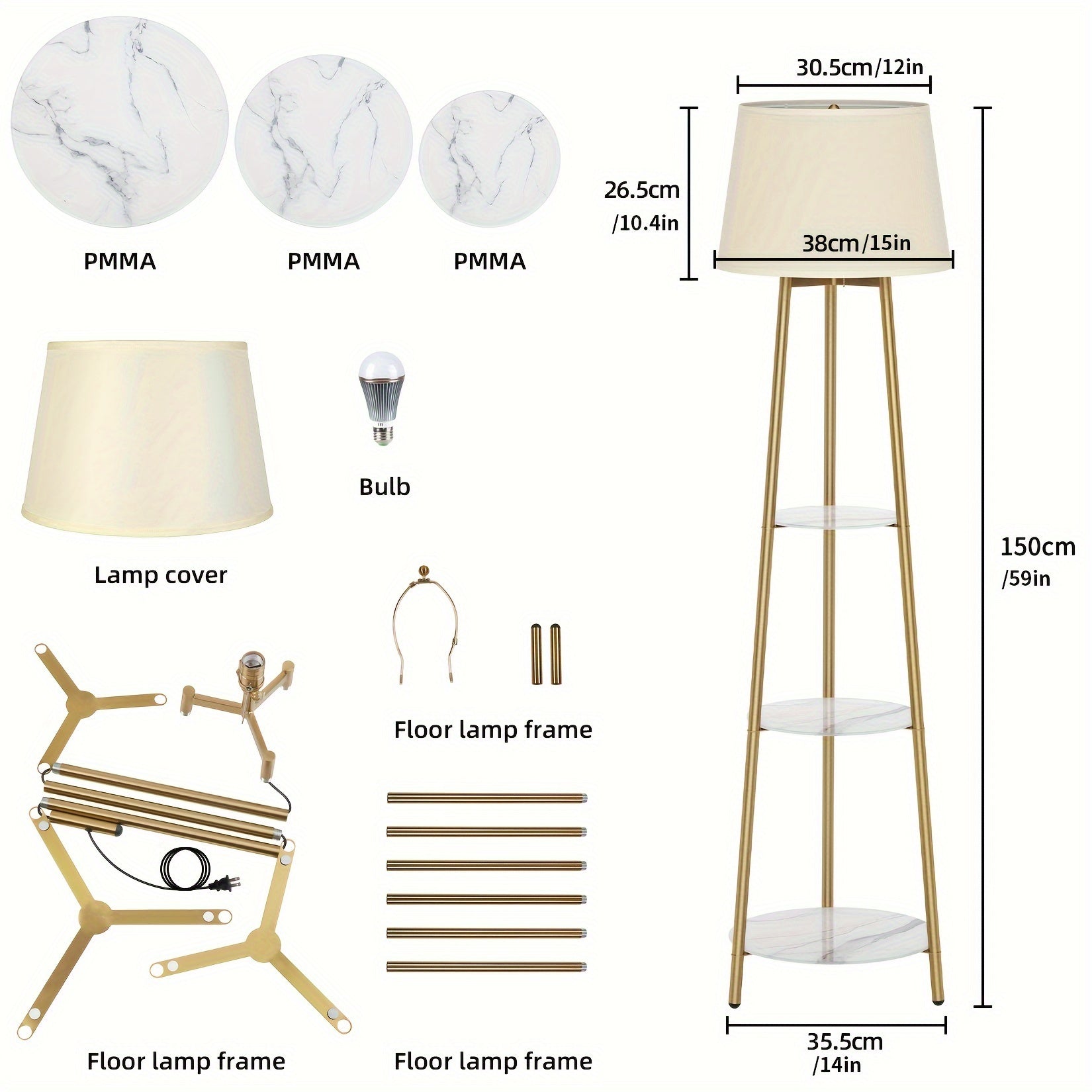 Minimalist Decor Elegant 3-Tier Tripod Floor Lamp with Shelves - Golden Metal Frame & Faux Marble Display, Warm Beige Light Shade for Living Room, Bedroom, Office Decor, Bedroom Floor Lamp | Elegant Home Accessory | Faux Marble Shelves, Living Room Lamp