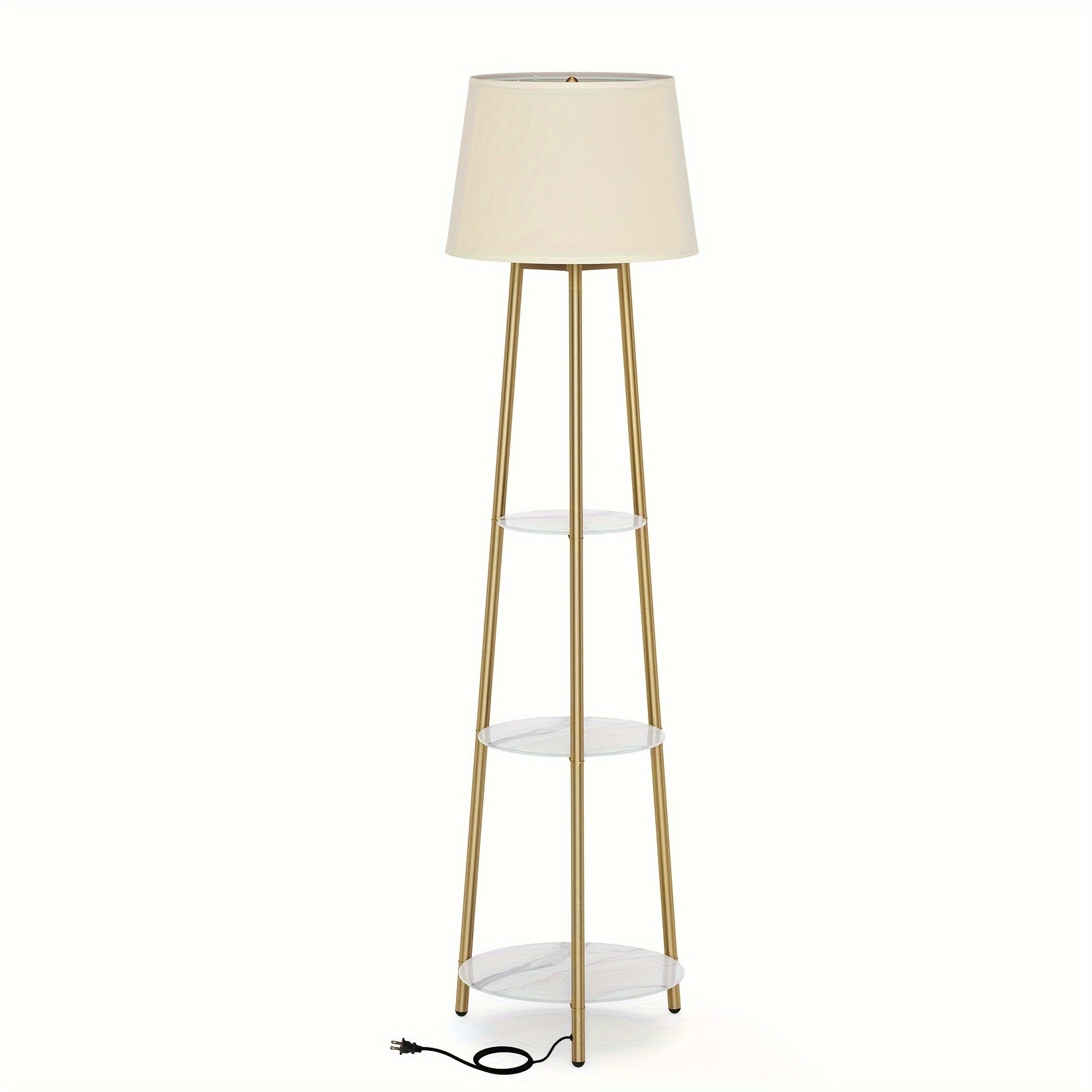 Minimalist Decor Elegant 3-Tier Tripod Floor Lamp with Shelves - Golden Metal Frame & Faux Marble Display, Warm Beige Light Shade for Living Room, Bedroom, Office Decor, Bedroom Floor Lamp | Elegant Home Accessory | Faux Marble Shelves, Living Room Lamp