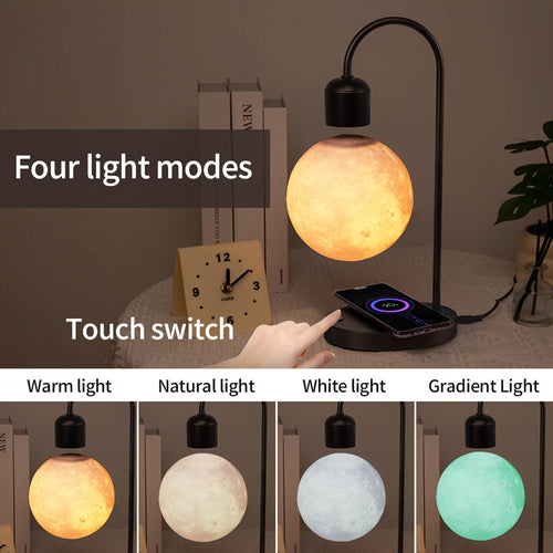 1pc Magnetic Floating Moon Lamp, Table Lamp, Desk Lamp, 15w Wireless Phone Charger, 3-color Adjustable, 3D Moon Light Touch Control, Floating, Atmosphere Night Light, Christmas, Holiday Or Birthday Gift