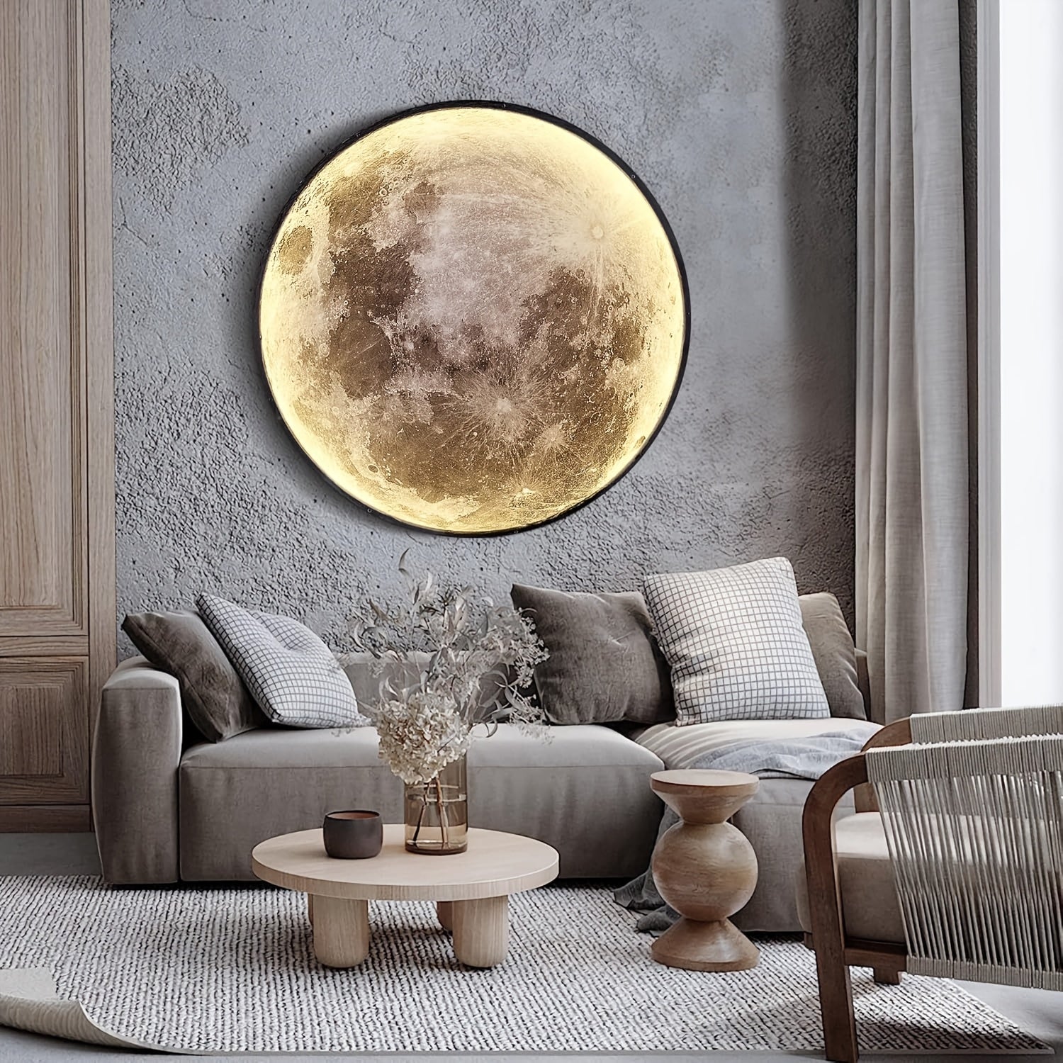 Large Moon Wall Sconce Plug In Modern LED Dimmable Wall Light With Remote Control 23.6 Inch 31W Black Wall Lamp Indoor Wall Mounted Lighting Ceiling Light For Living Room Bedroom