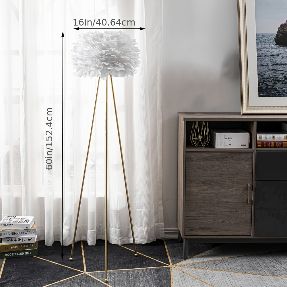 Feather Floor Lamp 60 Inches White Feather Floor Lamp | Pink Feather Lampshade, Classic Golden Tripod for Bedroom, Dining Room, Living Room, Study, Office