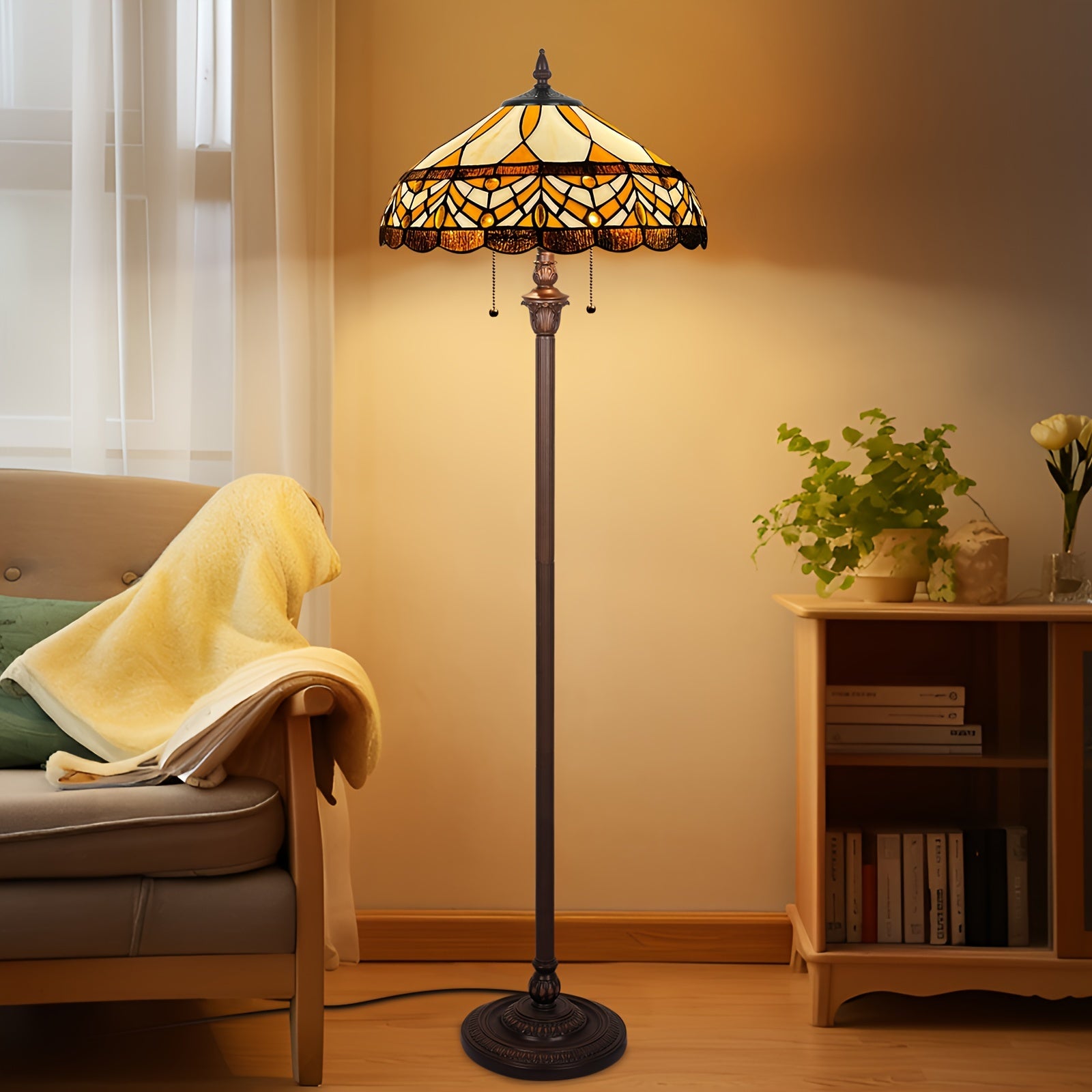Satined Glass Floor Lamp 16X16X63 Inches Stained Glass Standing Reading Light 2-Light Mission Antique Style Pole Corner Lamp Classic Vintage Standing Lamp With Pull Chain Switch Adjustable Decor Bedroom Living Room Home Office