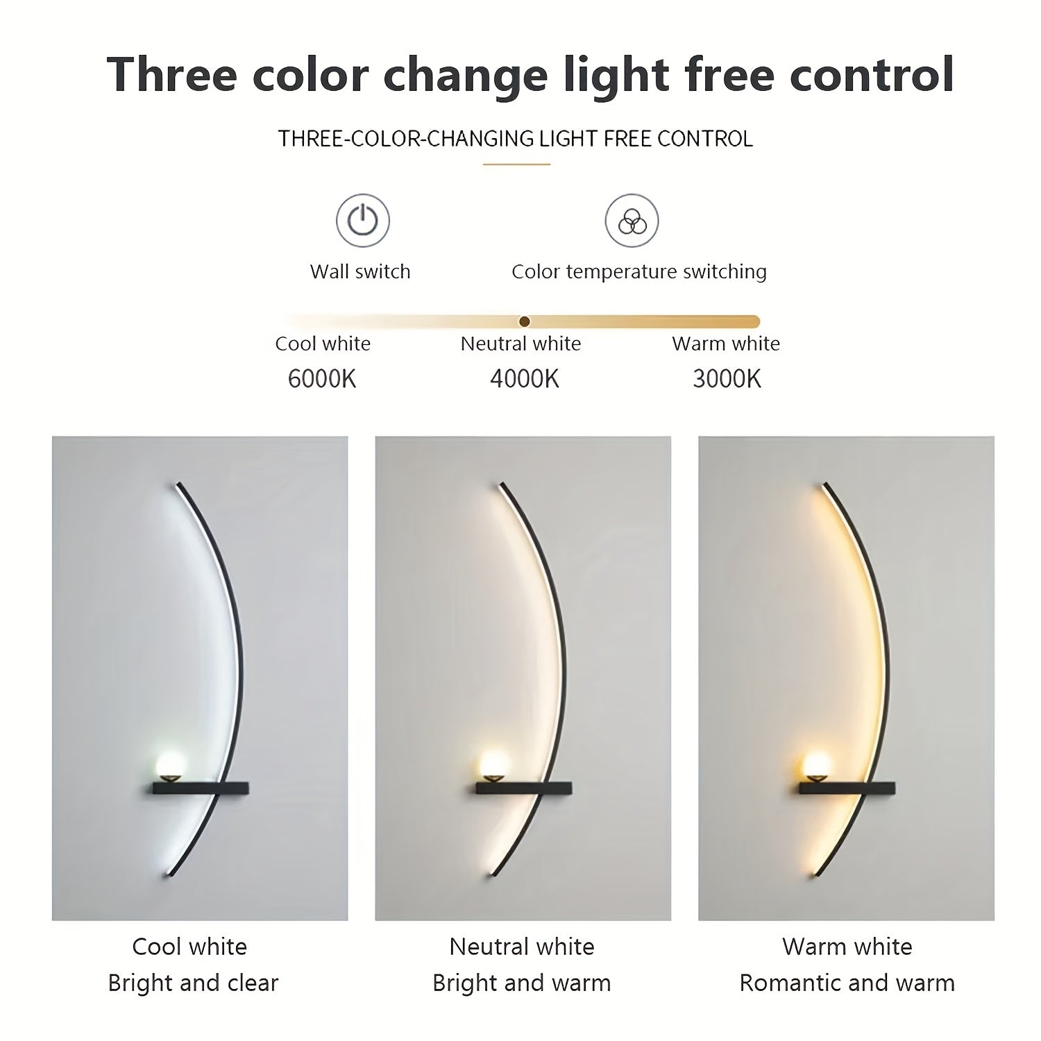 Modern Wall Sconces Set Of Two, LED Arc Wall Sconces, Matte Black Wall Light Fixtures, 3000K\u002F4000K\u002F6000k Warm Light Wall Lamp, 3 Color Temperatures for Bathroom, Living Room, Bedroom, 32 Inch