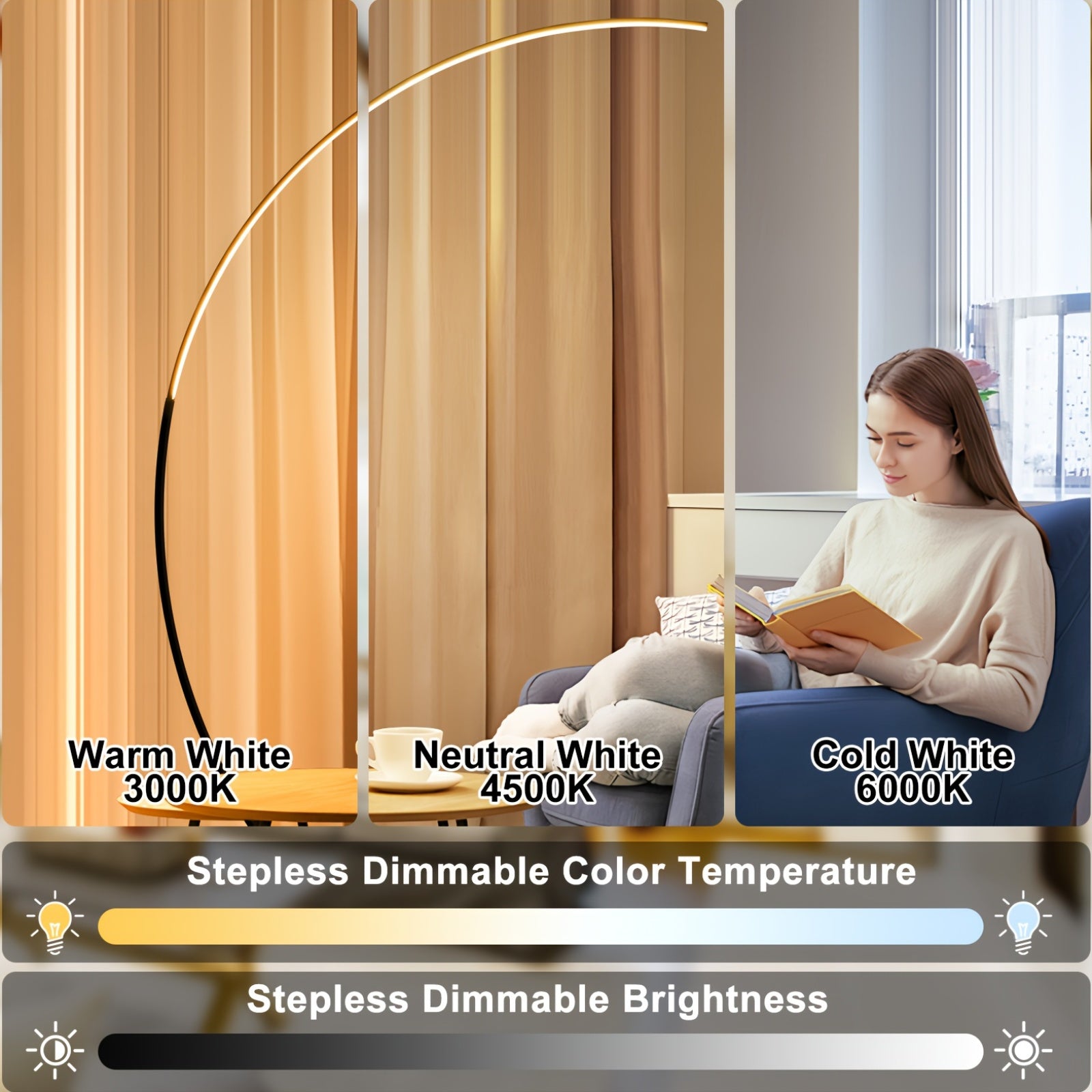 65 Inch Arched Floor Lamp With Remote, Modern Floor Lamp With 3 Color Temperatures Dimmable Black LED Color Changing Curved Ambient Lighting For Bedroom And Living Room