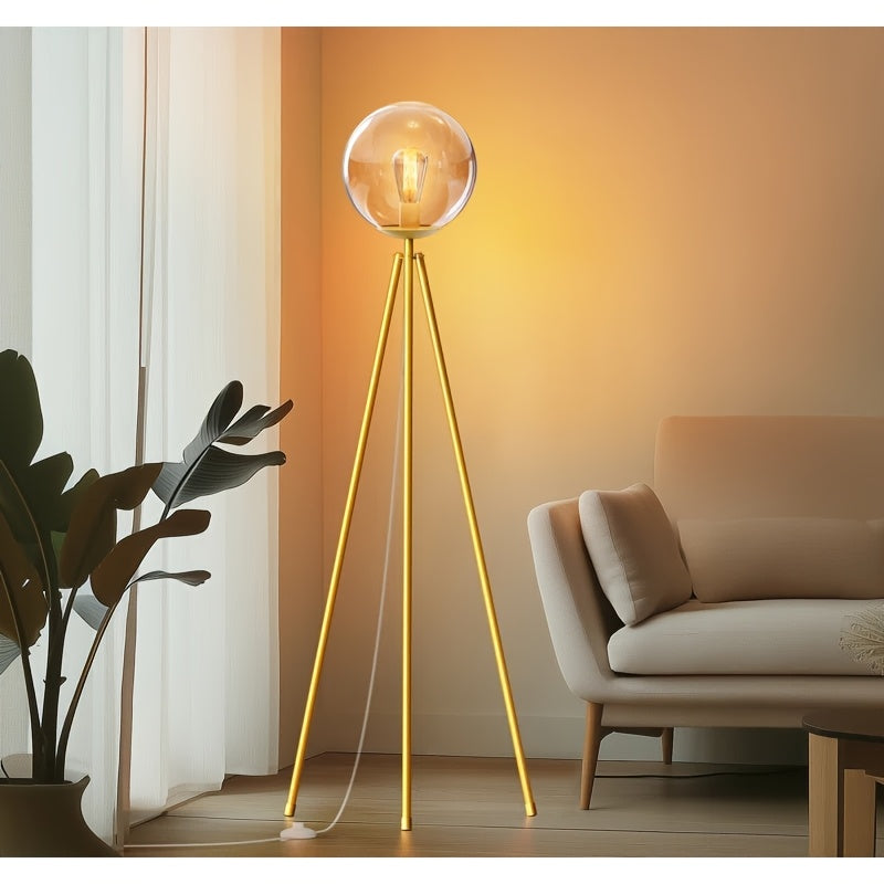 65-inch Modern Glass-shaded Tripod Floor Lamp, A Golden Standing LED Bulb Lamp for The Living Room, Featuring A Stable Tripod Base And Flexible Light Control, Suitable for Living Rooms, Bedrooms, Studies, And Offices.