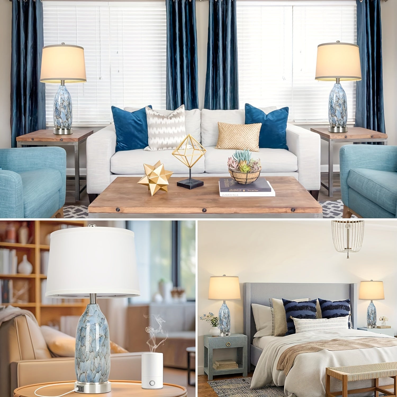 Set of 2 Table Lamps with LED Night Light, 24 inch Unique Nightstand Lamps with Upgraded USB A+C Charging Ports, Blue Bedside Lamps for Bedroom, Livingroom End Table, Nursery Room