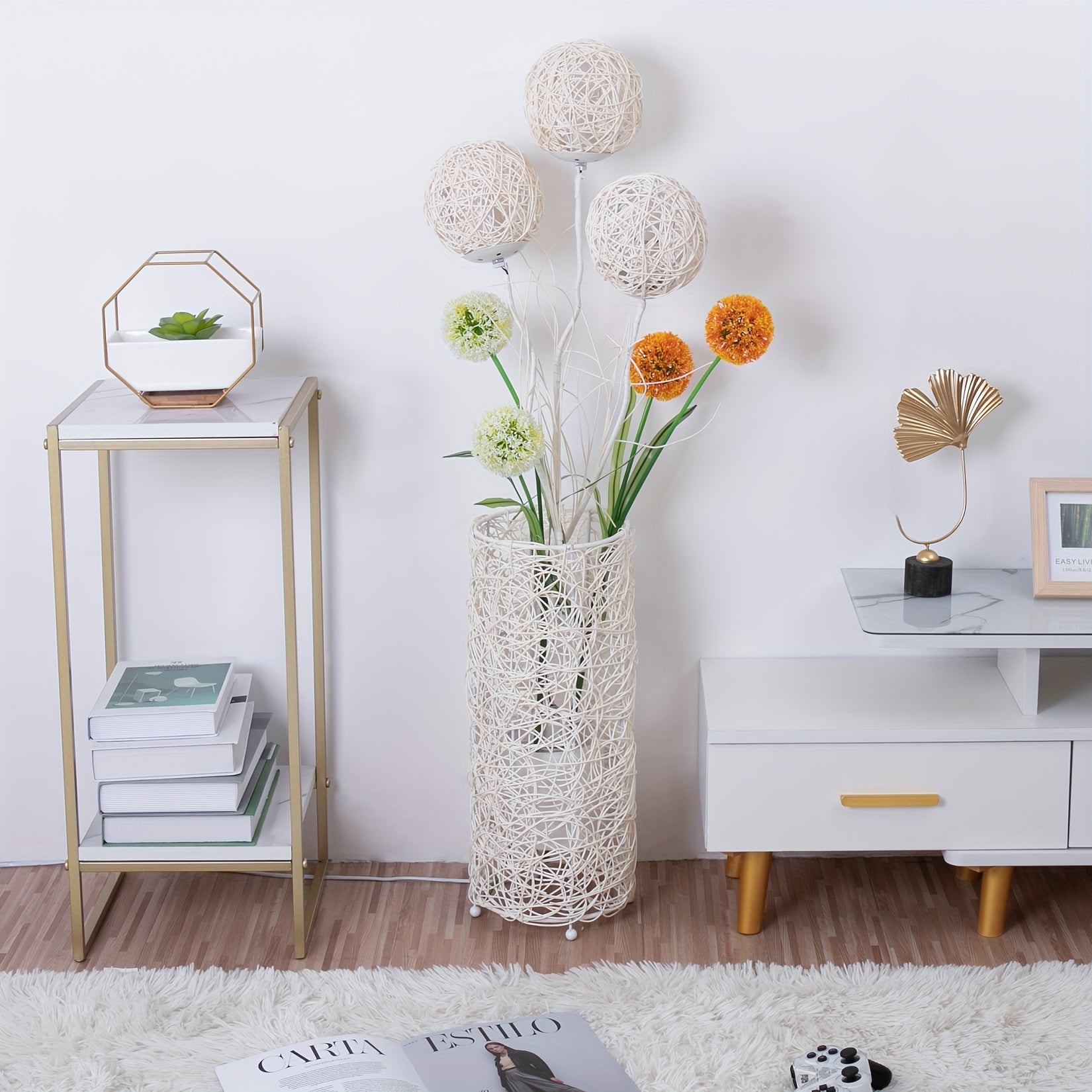 Modern Pastoral LED Floor Lamp: Decorative Hand-Woven Rattan Flower Night Light - Creative Standing Smart Lamp for Reading Living Room Bedroom Tea Room Club