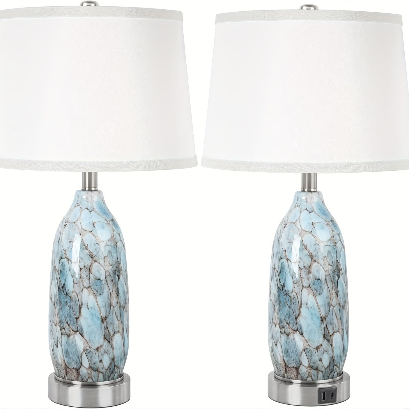 Set of 2 Table Lamps with LED Night Light, 24 inch Unique Nightstand Lamps with Upgraded USB A+C Charging Ports, Blue Bedside Lamps for Bedroom, Livingroom End Table, Nursery Room