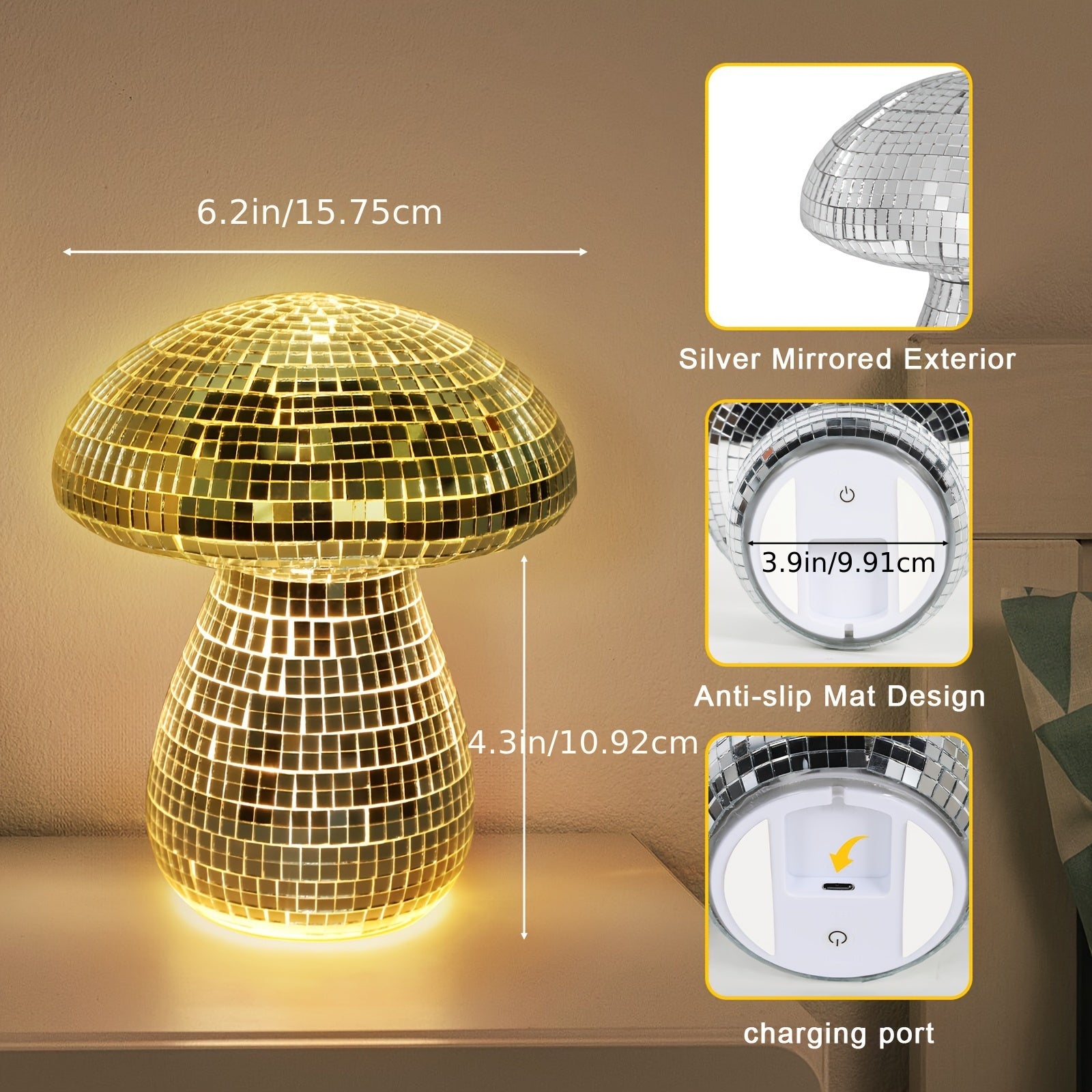 Silver Mushroom Lamp, Rechargeable Mushroom Lamp Cordless Touch Lamp, 7 Colors, 2 Modes RGB & Warm White Lighting Nightstand Lamp Mushroom Night Lights Ambient Lighting Aesthetic Room Decor
