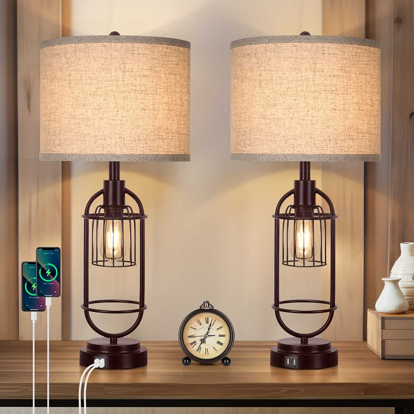 Set Of 2 Table Lamps For Living Room With USB Ports, 29\