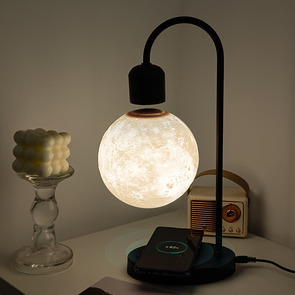 1pc Magnetic Floating Moon Lamp, Table Lamp, Desk Lamp, 15w Wireless Phone Charger, 3-color Adjustable, 3D Moon Light Touch Control, Floating, Atmosphere Night Light, Christmas, Holiday Or Birthday Gift
