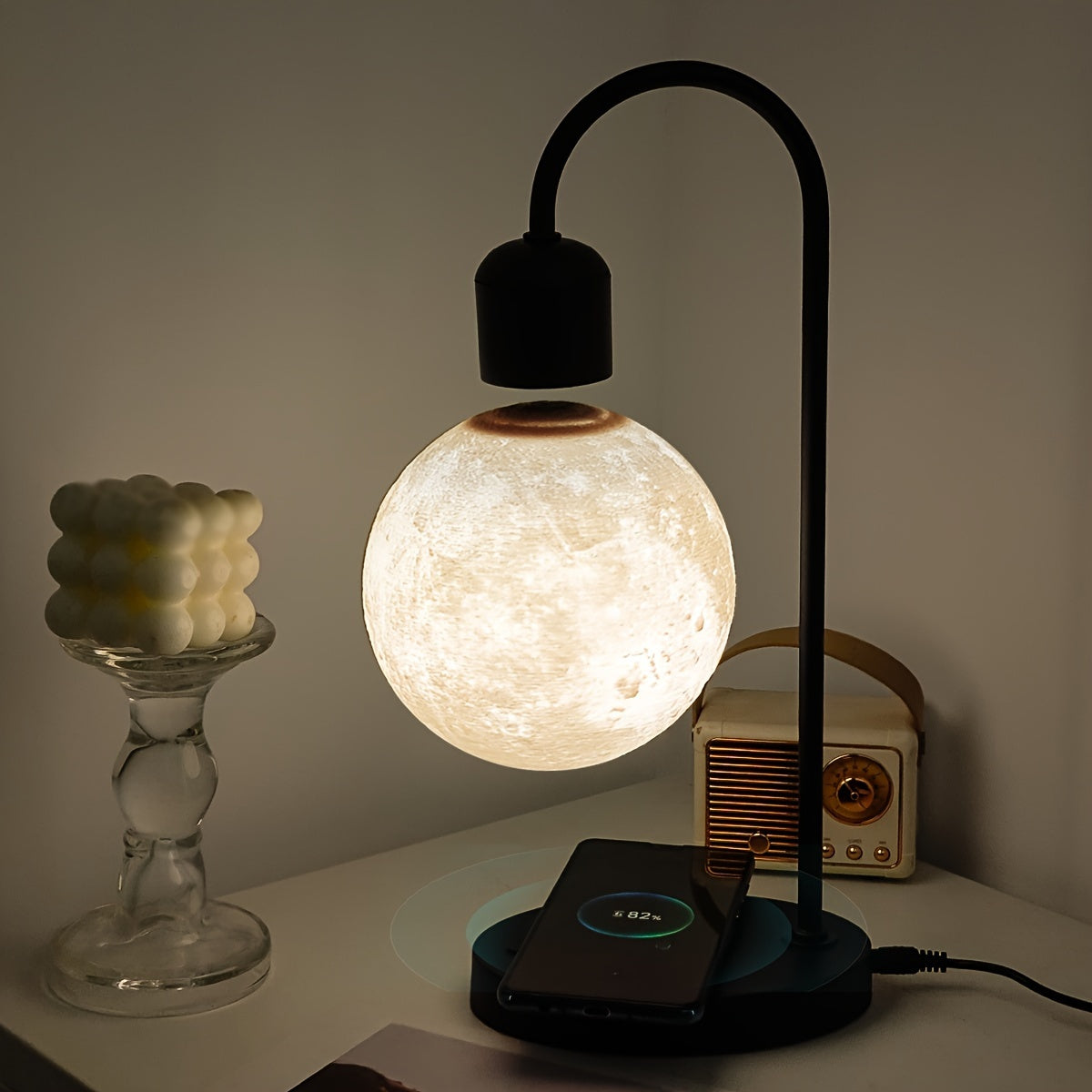 1pc Magnetic Floating Moon Lamp, Table Lamp, Desk Lamp, 15w Wireless Phone Charger, 3-color Adjustable, 3D Moon Light Touch Control, Floating, Atmosphere Night Light, Christmas, Holiday Or Birthday Gift