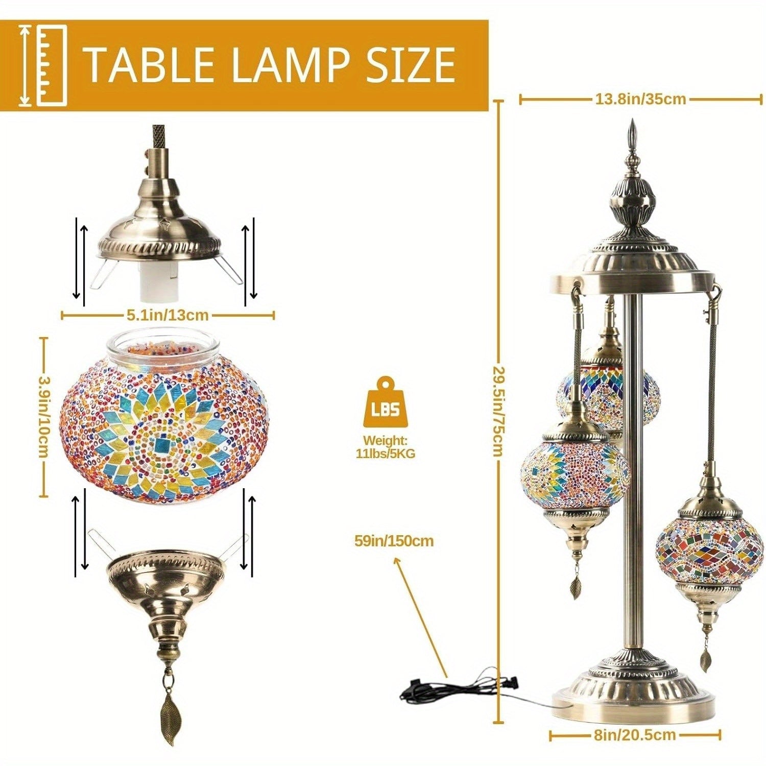 3 Ball Turkish Moroccan Table Lamp, Handmade Mosaic Glass, Bohemian Style, Metal Base, Colorful Atmosphere Light, Suitable for Living Room And Bedroom, with LED Bulb