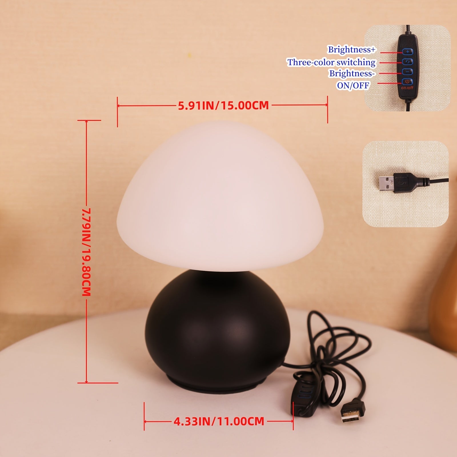 1pc Simple Creative Retro Ball Base Mushroom Table Lamp, USB Plug, Three-Color Switchable Stepless Dimming, Desktop Decorative Light, Night Light, Gift Lamp, Suitable for Bedroom, Study Room, Dormitory, Living Room, Multiple Occasions, Computer Bed Lamp D