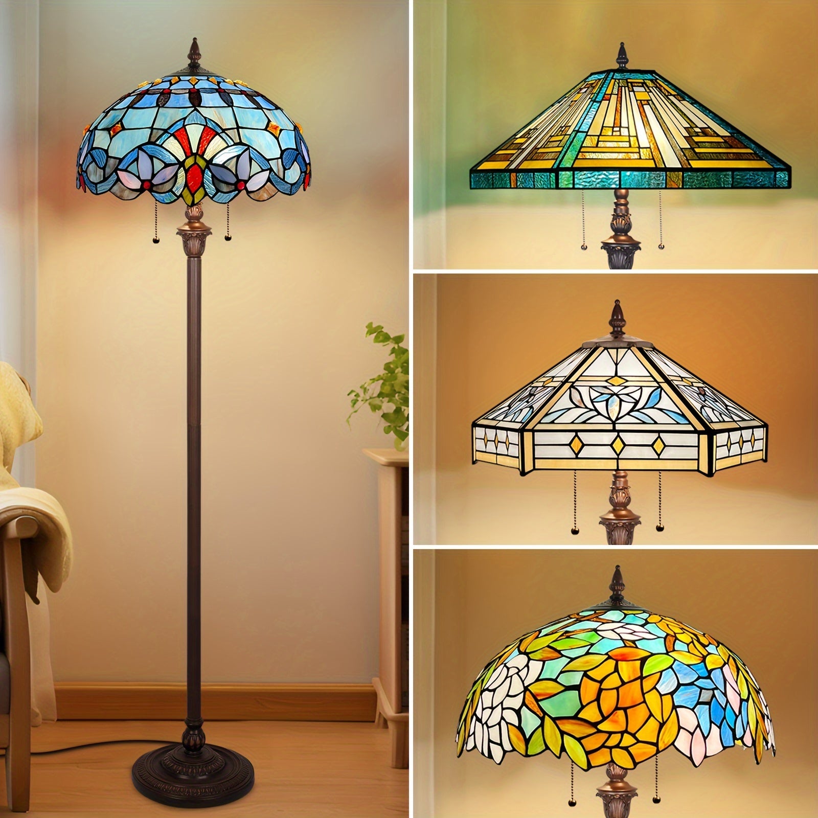 Satined Glass Floor Lamp 16X16X63 Inches Stained Glass Standing Reading Light 2-Light Mission Antique Style Pole Corner Lamp Classic Vintage Standing Lamp With Pull Chain Switch Adjustable Decor Bedroom Living Room Home Office