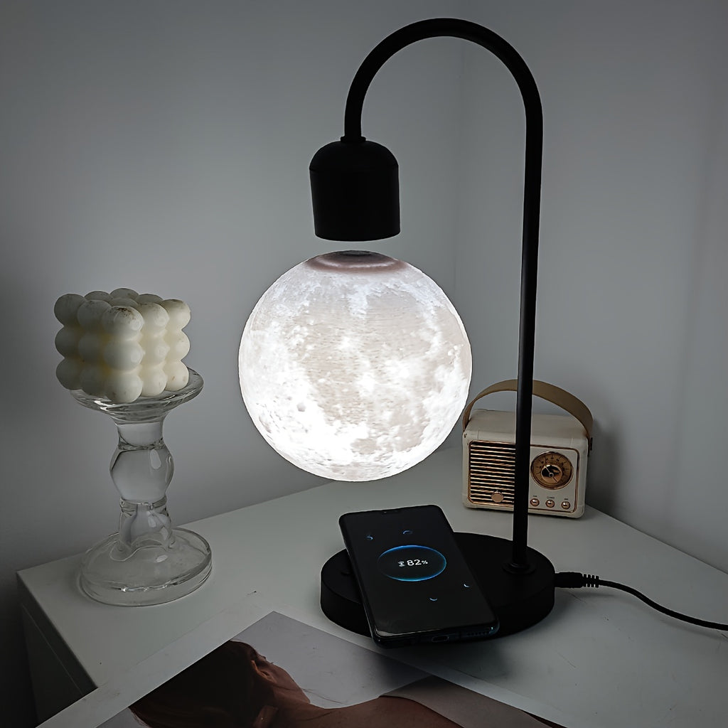 1pc Magnetic Floating Moon Lamp, Table Lamp, Desk Lamp, 15w Wireless Phone Charger, 3-color Adjustable, 3D Moon Light Touch Control, Floating, Atmosphere Night Light, Christmas, Holiday Or Birthday Gift