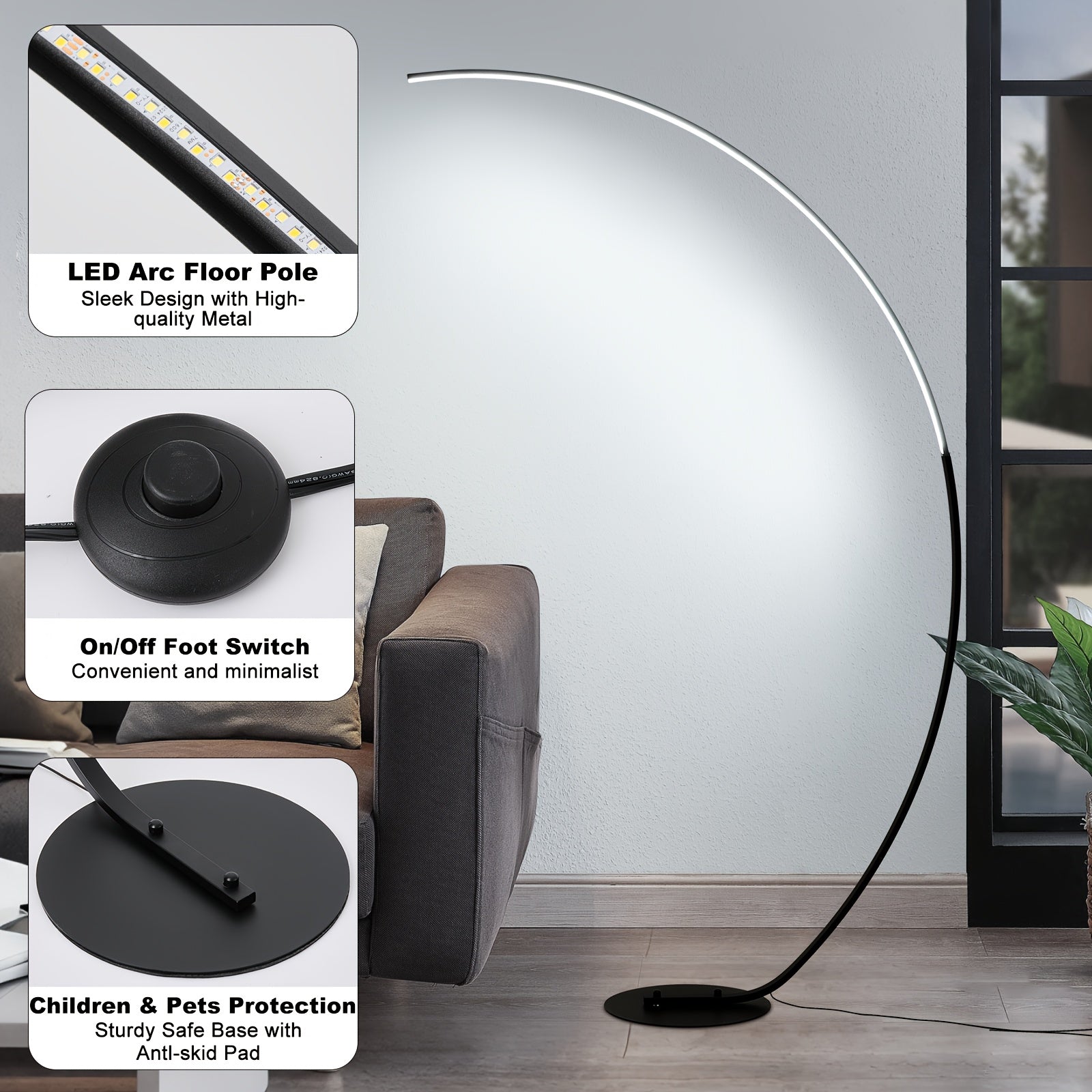 65 Inch Arched Floor Lamp With Remote, Modern Floor Lamp With 3 Color Temperatures Dimmable Black LED Color Changing Curved Ambient Lighting For Bedroom And Living Room