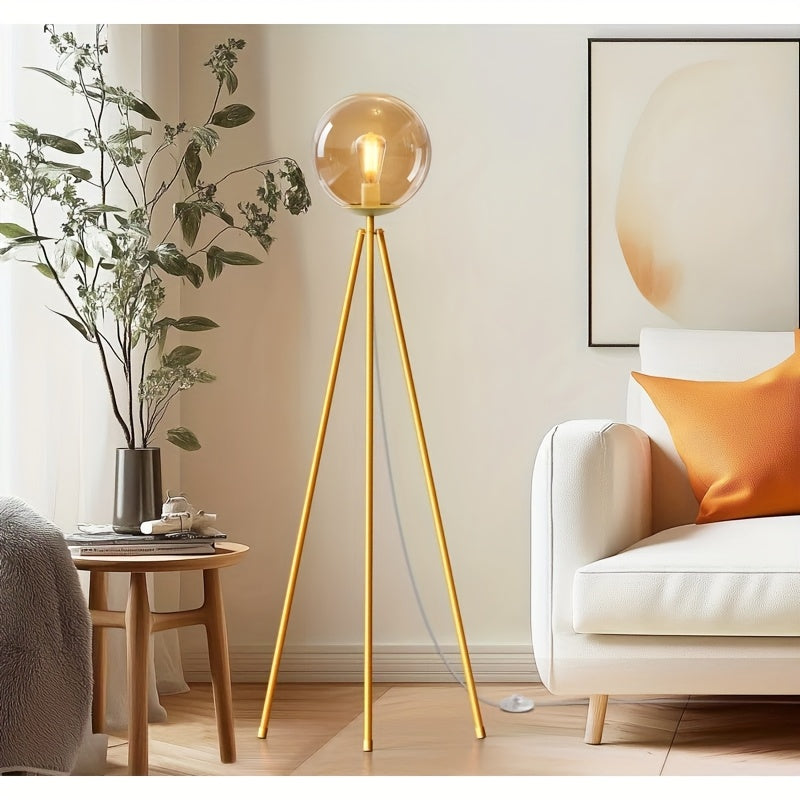 65-inch Modern Glass-shaded Tripod Floor Lamp, A Golden Standing LED Bulb Lamp for The Living Room, Featuring A Stable Tripod Base And Flexible Light Control, Suitable for Living Rooms, Bedrooms, Studies, And Offices.