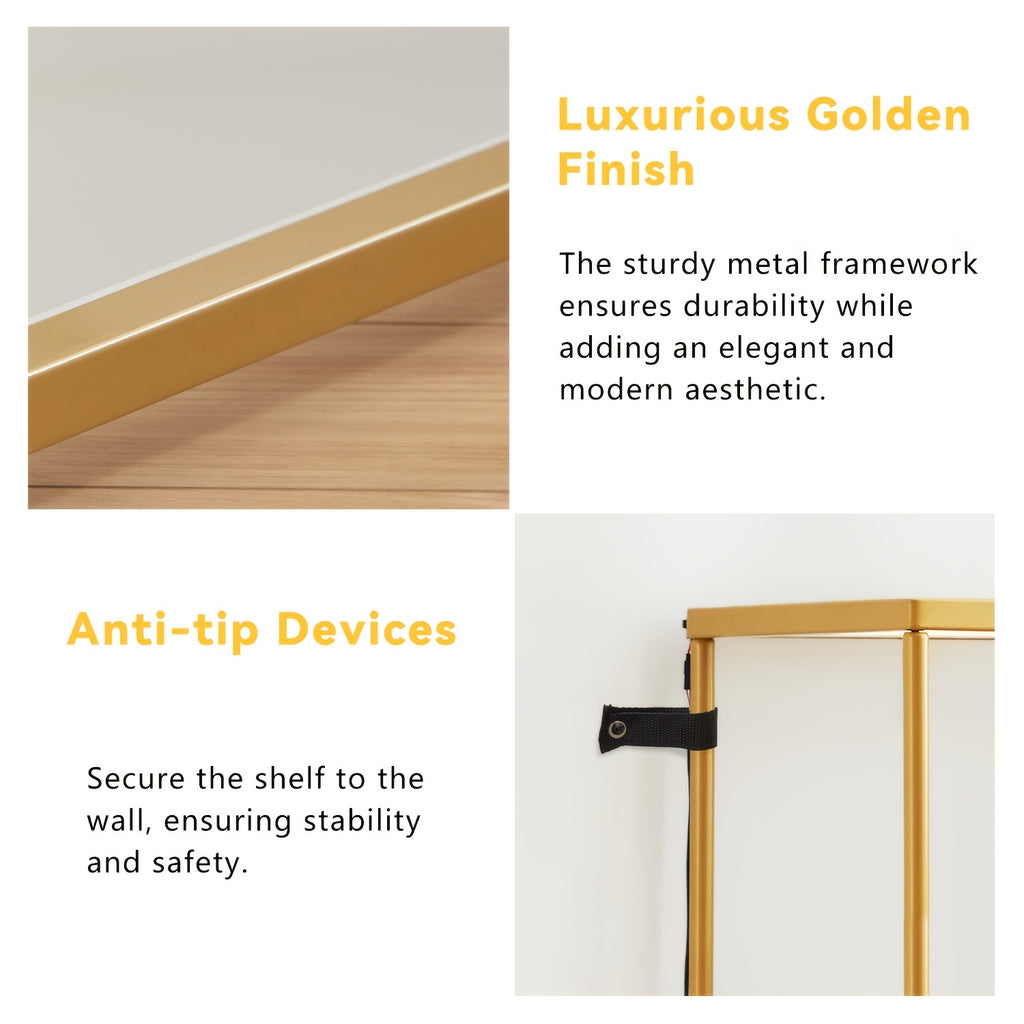 Office Bookshelf Storage, LED Floor Lamp, Golden Bookcase, Lamp Slim Shelving Unit with Tempered Frosted Glass & Dimmable LED Lights