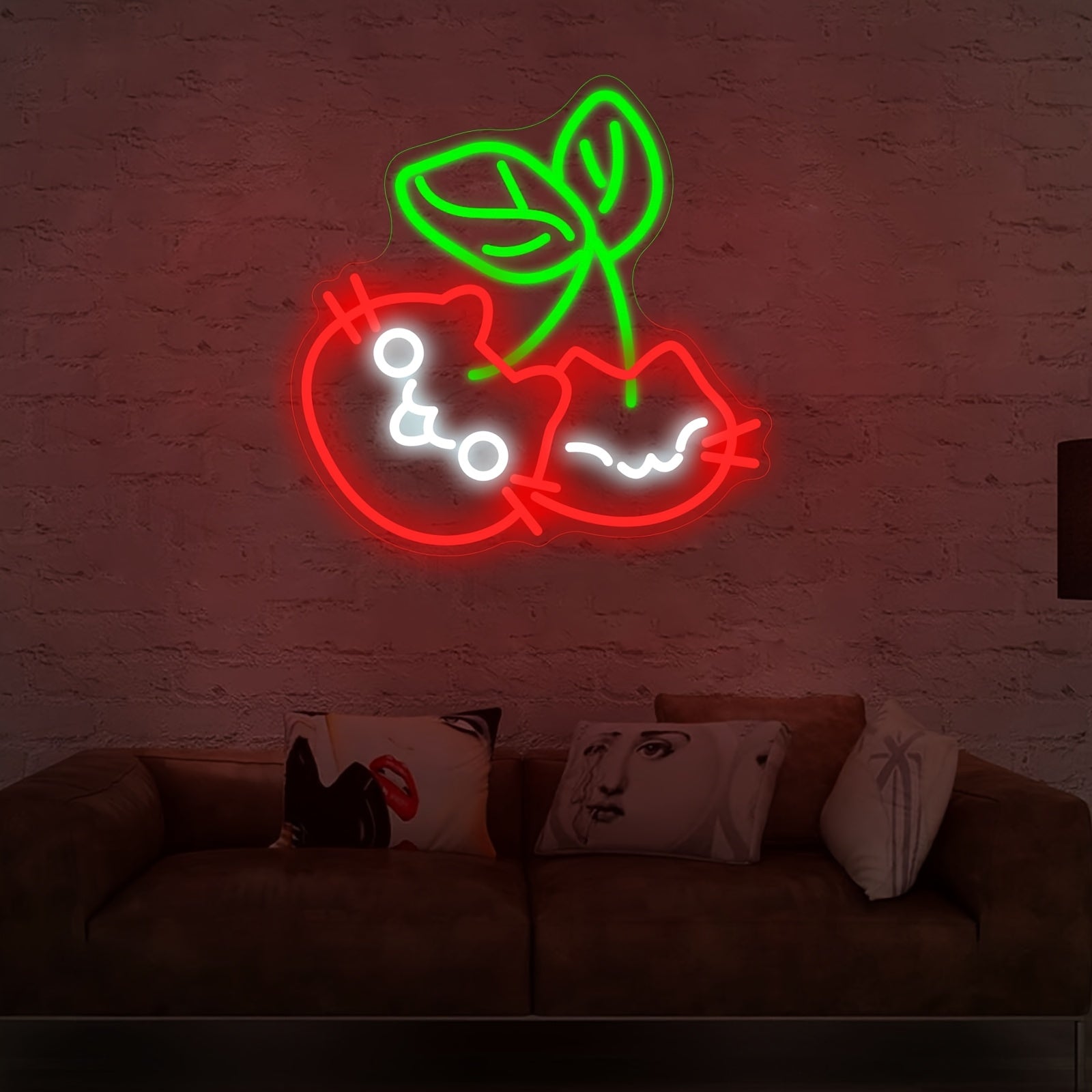 Cherry Cat Neon Light Cute Cherry Cat Neon Light Wall Decor - LED Bedroom, Living Room, Office Decoration - USB-Powered Night Light with Switch Control - Perfect Gift for Cat Lovers (Red & Neon Green Accents), Cat Decor, Playful Design, Polished Finish, P