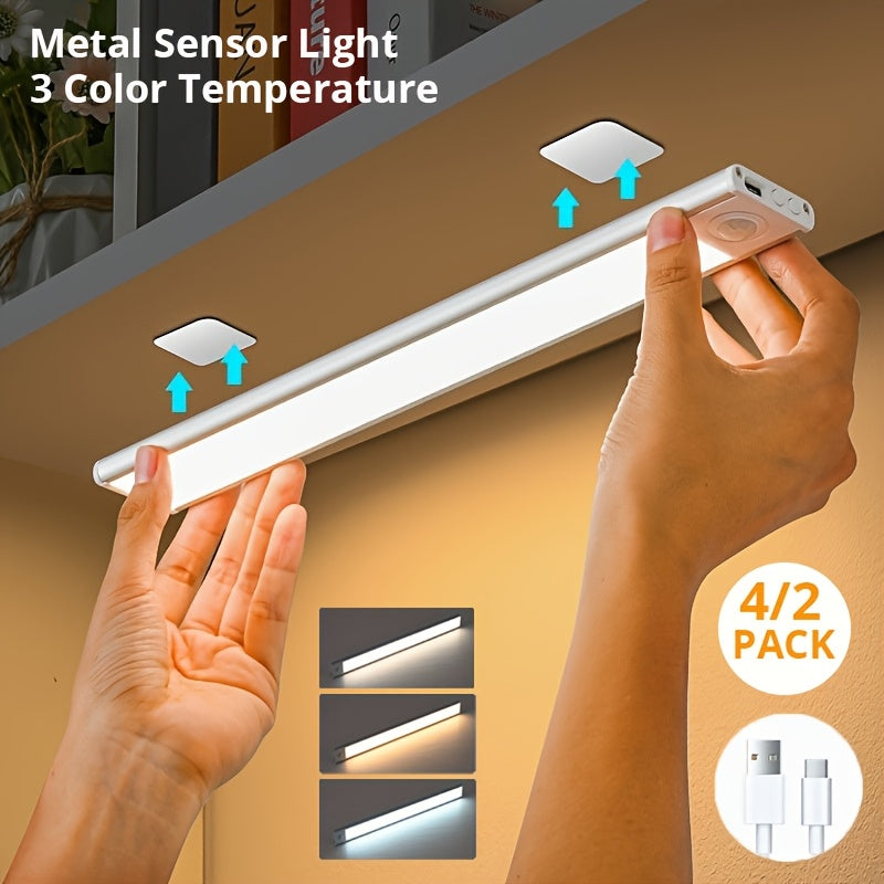 4\u002F2pcs Motion Sensor Under Cabinet Lights, 3 Color Temperatures Wireless USB Rechargeable Night Light, Indoor Closet Lights, Stick-On Anywhere Magnetic Under-Counter Light Fixtures For Kitchen Cabinet Wardrobe Cupboard Stairs, Available In 2pcs.