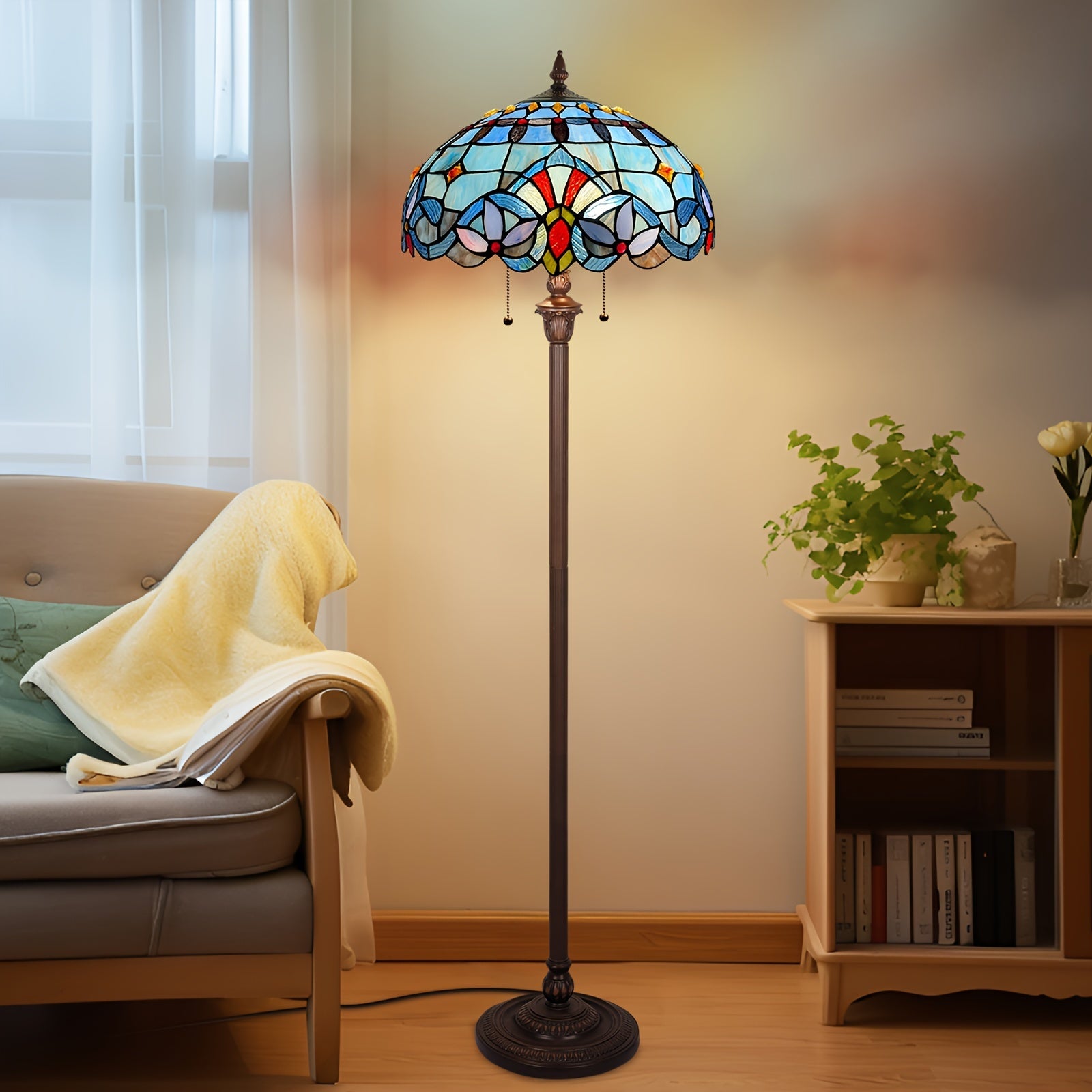 Satined Glass Floor Lamp 16X16X63 Inches Stained Glass Standing Reading Light 2-Light Mission Antique Style Pole Corner Lamp Classic Vintage Standing Lamp With Pull Chain Switch Adjustable Decor Bedroom Living Room Home Office