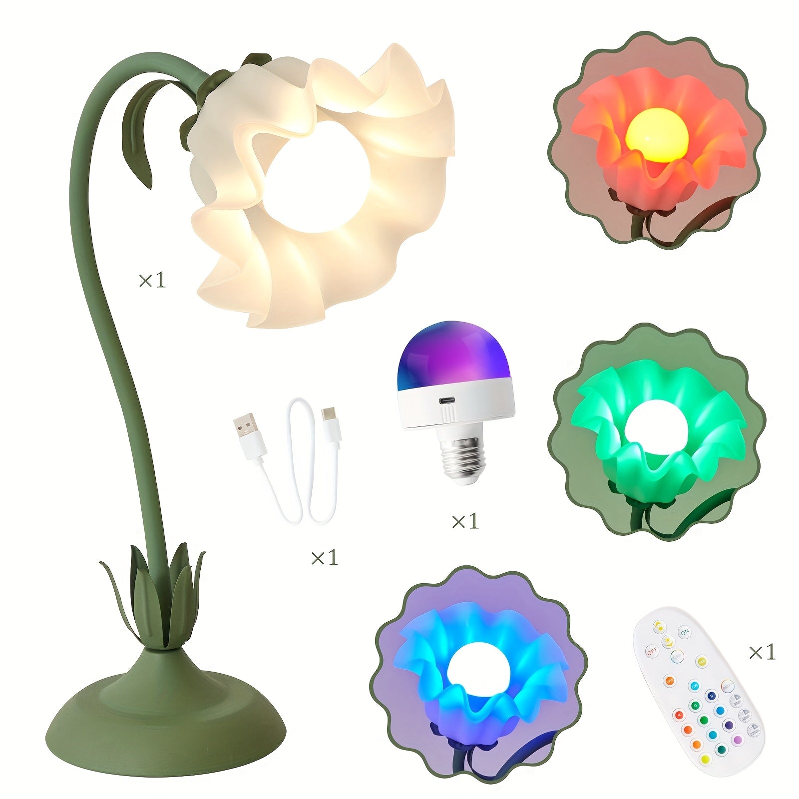 Flower Shape RGB Table Lamp Remote Control, Rechargeable, Adjustable Design For Bedroom, Living Room, Desk, Mood Lighting