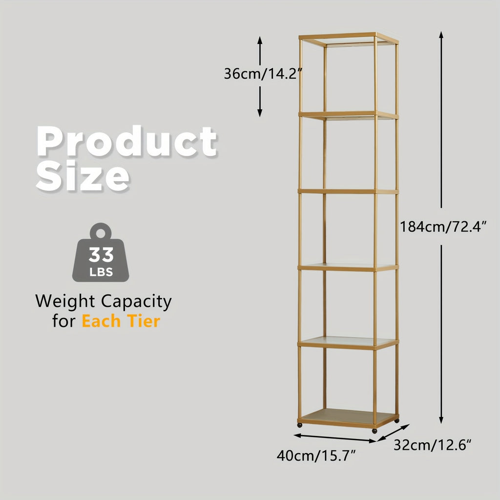 Office Bookshelf Storage, LED Floor Lamp, Golden Bookcase, Lamp Slim Shelving Unit with Tempered Frosted Glass & Dimmable LED Lights